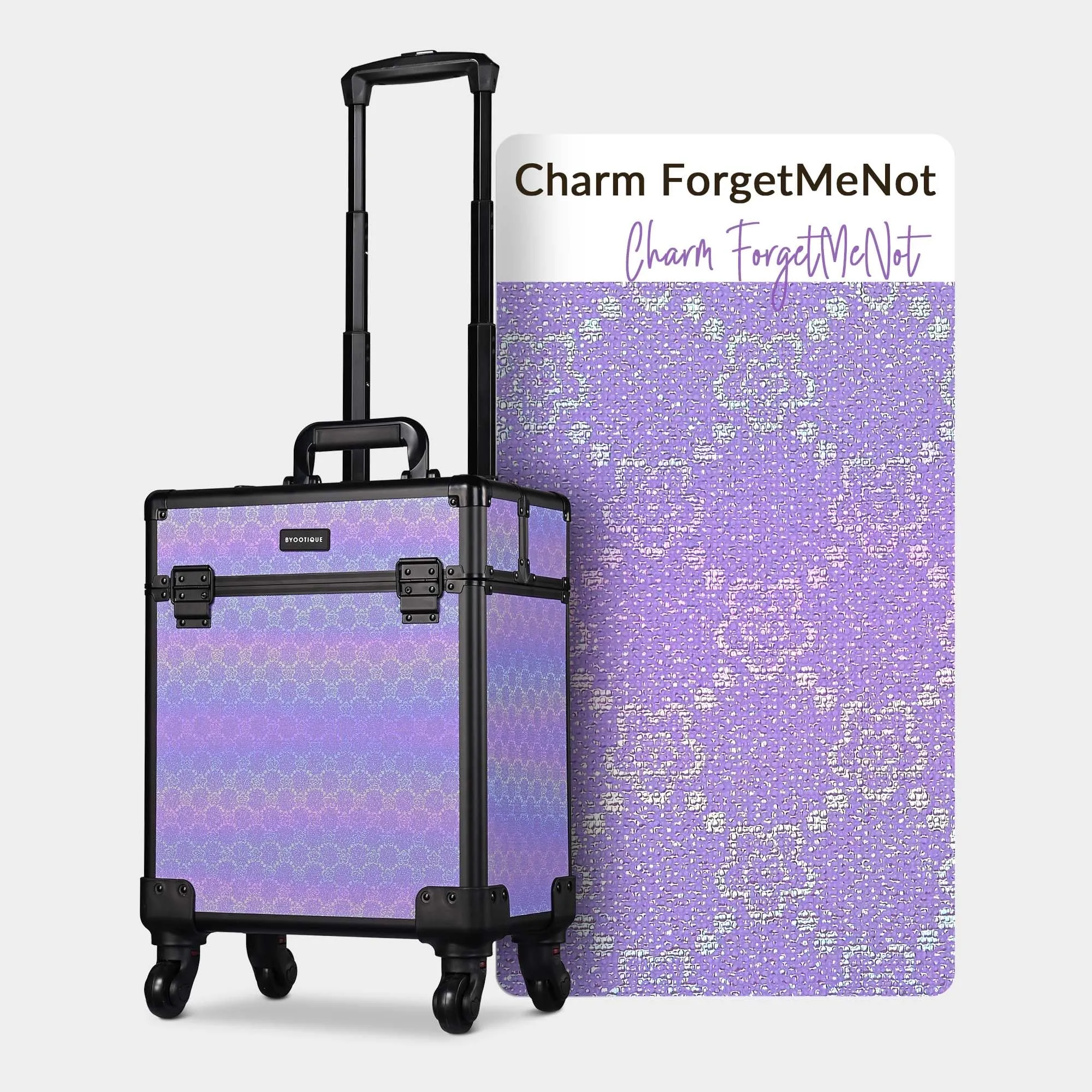 BYOOTIQUE Rolling Makeup Train Case Aluminum Cosmetic Portable Travel Trolley Suitcase with Removable Wheels Cosmetology Organizer Salon Barber Hairstylist,Charm ForgetMeNot