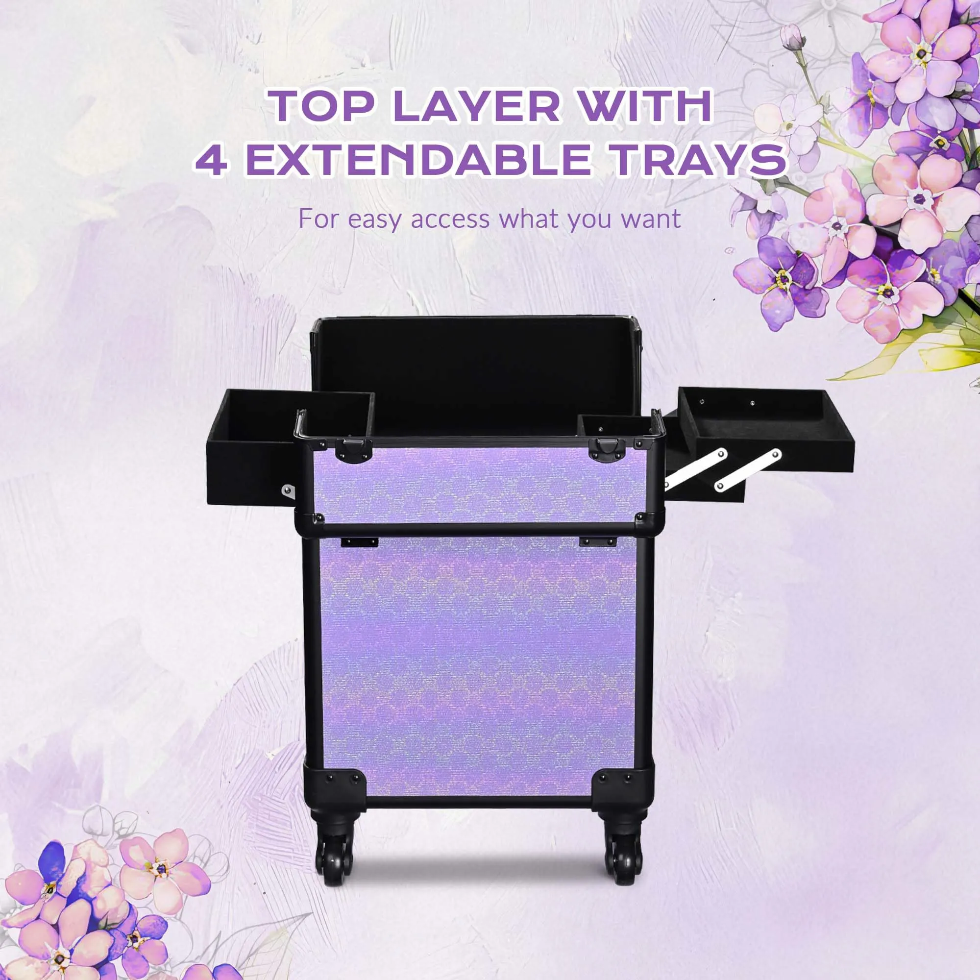 BYOOTIQUE Rolling Makeup Train Case Aluminum Cosmetic Portable Travel Trolley Suitcase with Removable Wheels Cosmetology Organizer Salon Barber Hairstylist,Charm ForgetMeNot