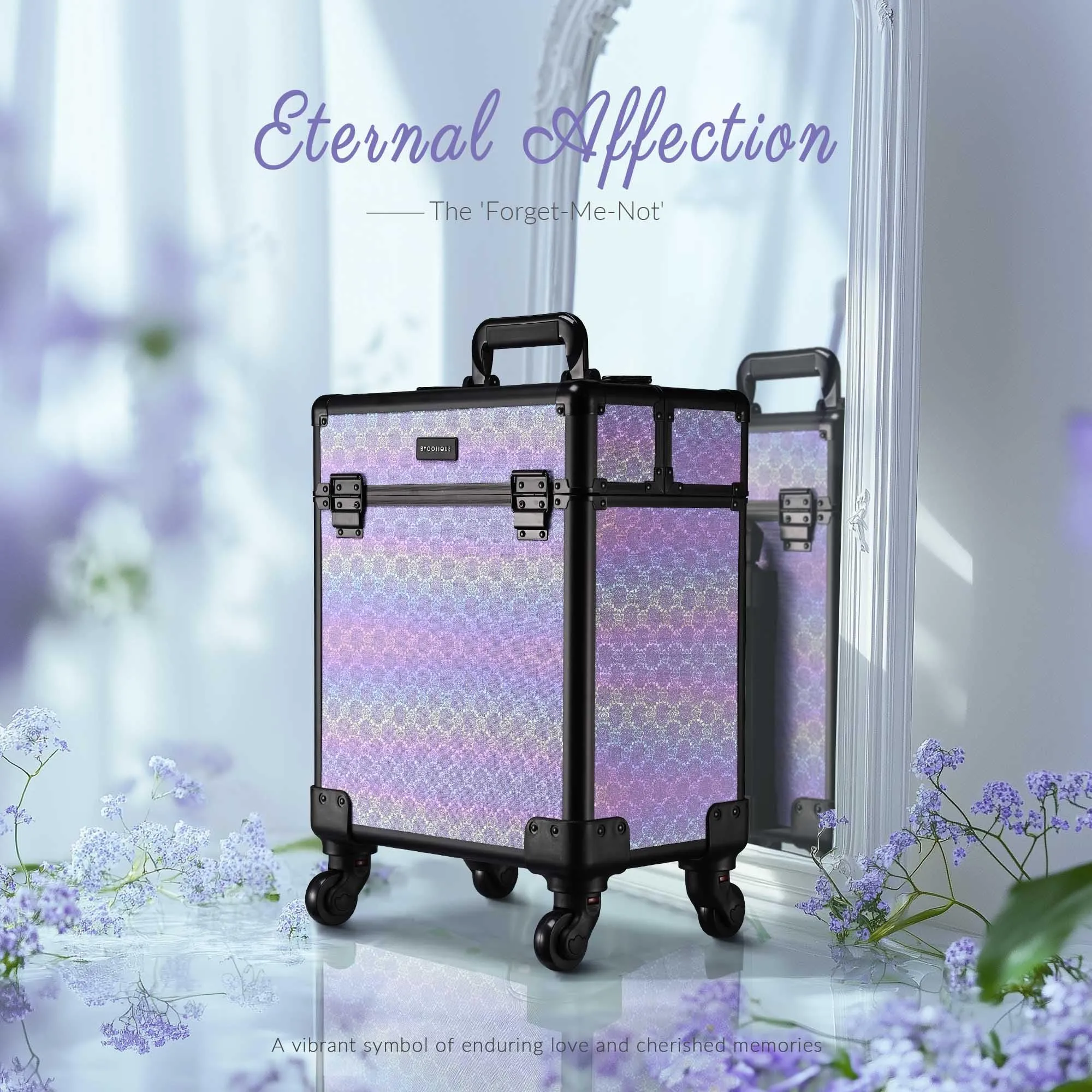 BYOOTIQUE Rolling Makeup Train Case Aluminum Cosmetic Portable Travel Trolley Suitcase with Removable Wheels Cosmetology Organizer Salon Barber Hairstylist,Charm ForgetMeNot