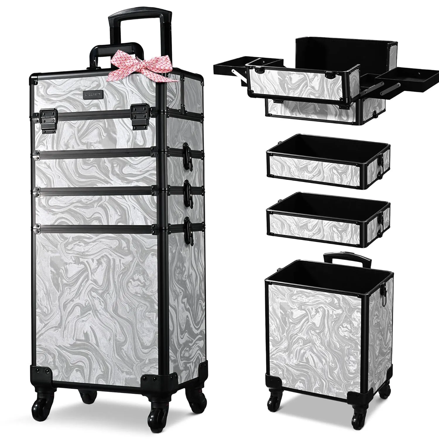 BYOOTIQUE Rolling Makeup Train Case on Wheels 3-Piece Cosmetology Organizer Kit Trolley Organizer Lockable Salon Hairstylist Traveling Cart bag for Nail Slon Esthetician,CTB Gray
