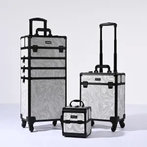 BYOOTIQUE Rolling Makeup Train Case on Wheels 3-Piece Cosmetology Organizer Kit Trolley Organizer Lockable Salon Hairstylist Traveling Cart bag for Nail Slon Esthetician,CTB Gray