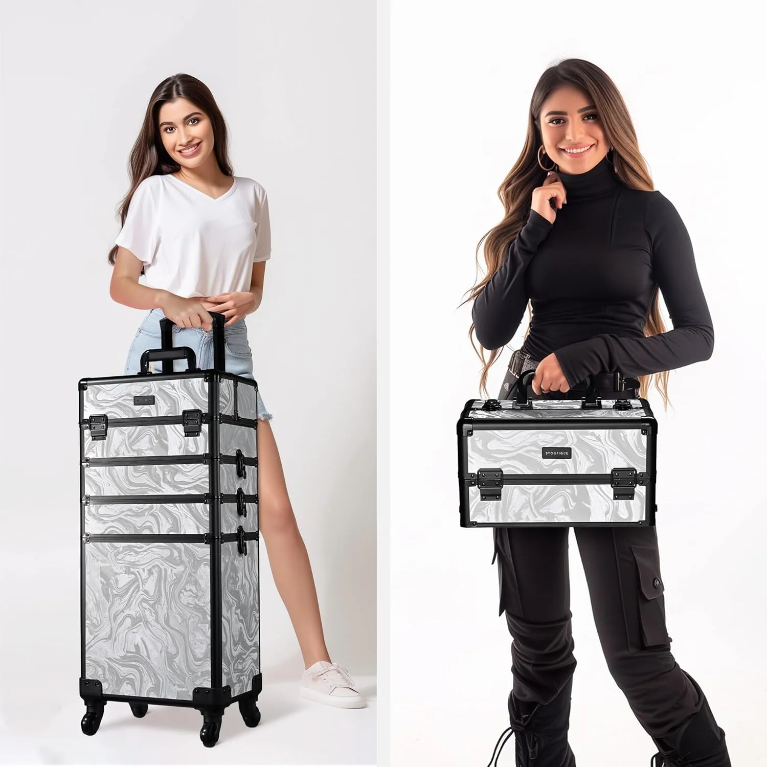 BYOOTIQUE Rolling Makeup Train Case on Wheels 3-Piece Cosmetology Organizer Kit Trolley Organizer Lockable Salon Hairstylist Traveling Cart bag for Nail Slon Esthetician,CTB Gray
