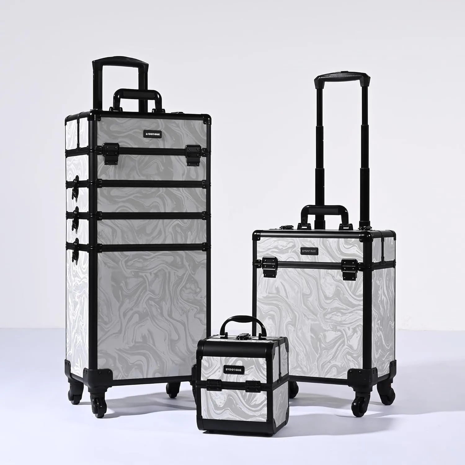 BYOOTIQUE Rolling Makeup Train Case on Wheels 3-Piece Cosmetology Organizer Kit Trolley Organizer Lockable Salon Hairstylist Traveling Cart bag for Nail Slon Esthetician,CTB Gray