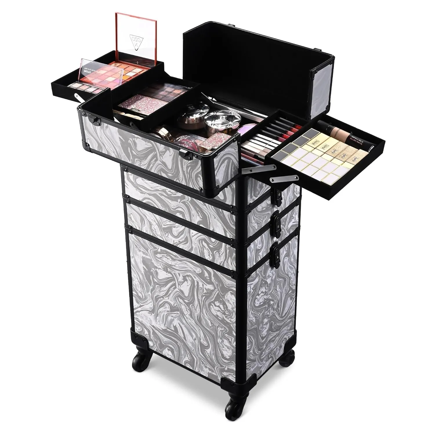 BYOOTIQUE Rolling Makeup Train Case on Wheels 3-Piece Cosmetology Organizer Kit Trolley Organizer Lockable Salon Hairstylist Traveling Cart bag for Nail Slon Esthetician,CTB Gray