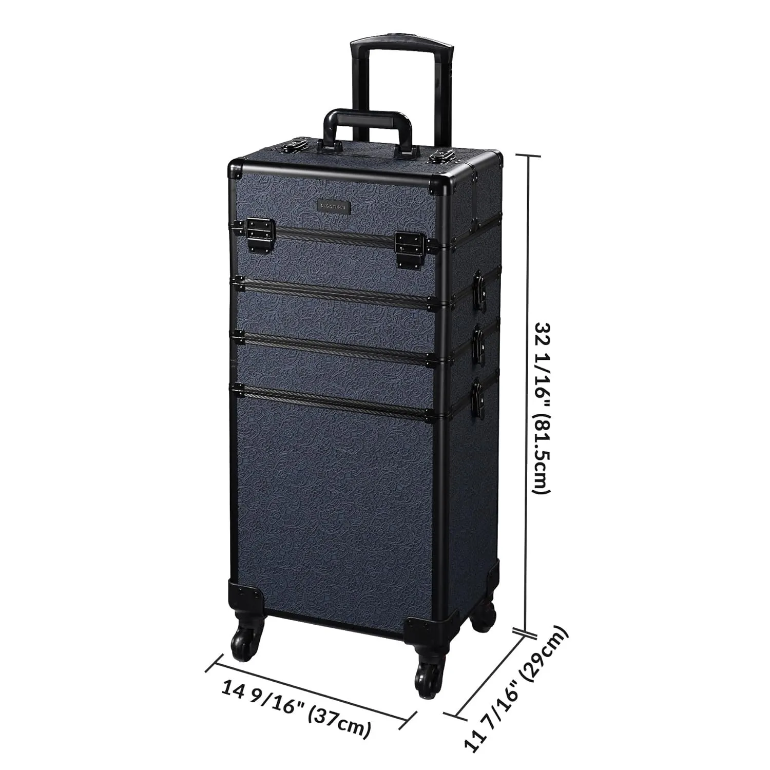 BYOOTIQUE Rolling Makeup Train Case on Wheels 3-Piece Cosmetology Organizer Kit Trolley Organizer Lockable Salon Hairstylist Traveling Cart bag for Nail Slon Esthetician,Rococo Blue
