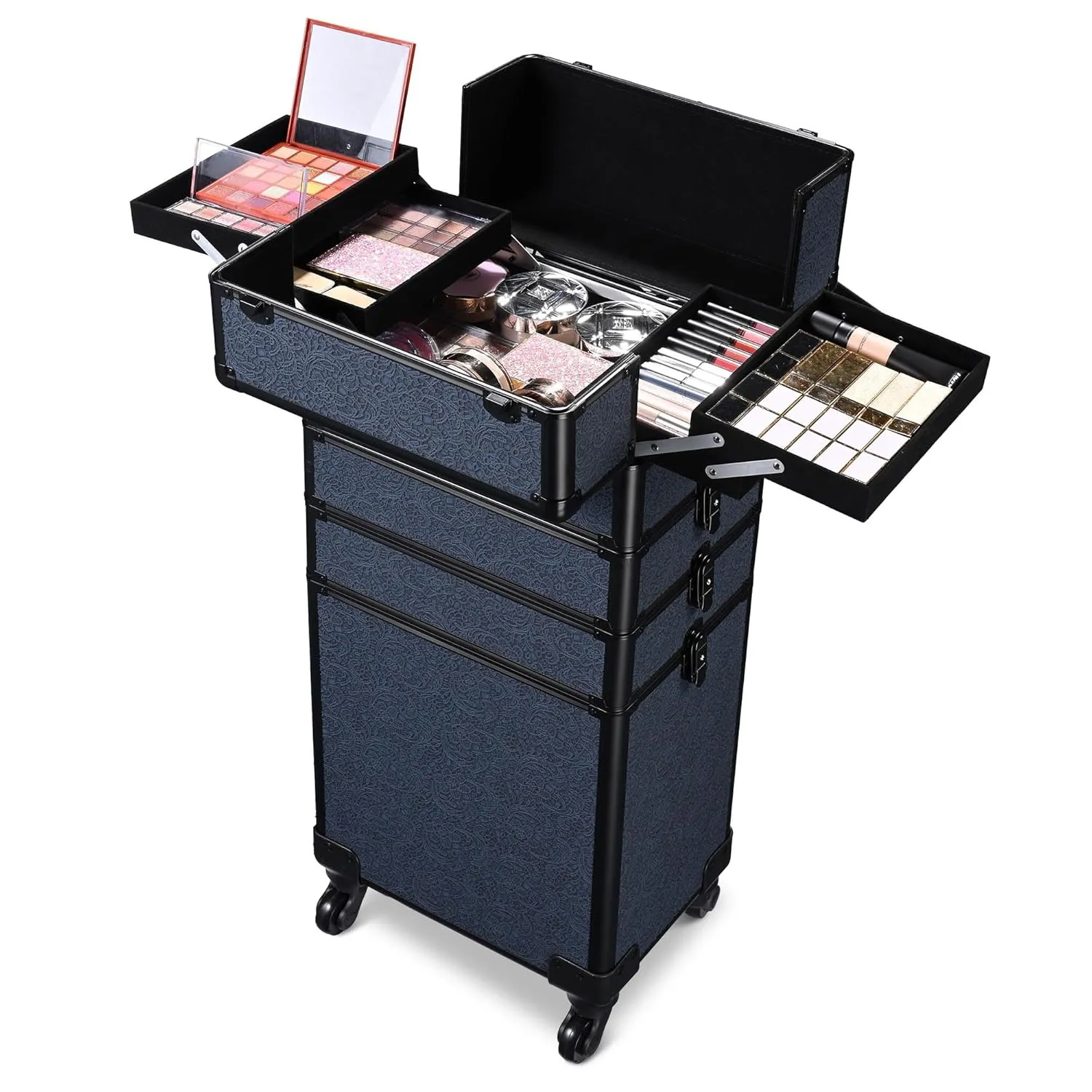 BYOOTIQUE Rolling Makeup Train Case on Wheels 3-Piece Cosmetology Organizer Kit Trolley Organizer Lockable Salon Hairstylist Traveling Cart bag for Nail Slon Esthetician,Rococo Blue