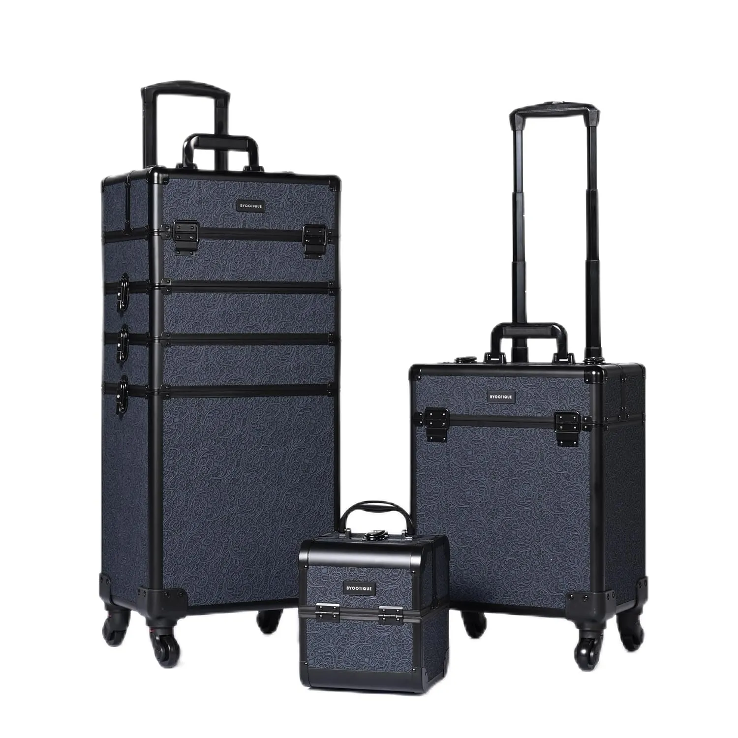 BYOOTIQUE Rolling Makeup Train Case on Wheels 3-Piece Cosmetology Organizer Kit Trolley Organizer Lockable Salon Hairstylist Traveling Cart bag for Nail Slon Esthetician,Rococo Blue