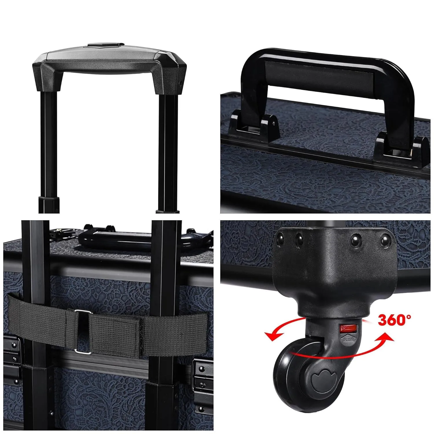 BYOOTIQUE Rolling Makeup Train Case on Wheels 3-Piece Cosmetology Organizer Kit Trolley Organizer Lockable Salon Hairstylist Traveling Cart bag for Nail Slon Esthetician,Rococo Blue