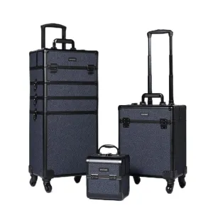 BYOOTIQUE Rolling Makeup Train Case on Wheels 3-Piece Cosmetology Organizer Kit Trolley Organizer Lockable Salon Hairstylist Traveling Cart bag for Nail Slon Esthetician,Rococo Blue