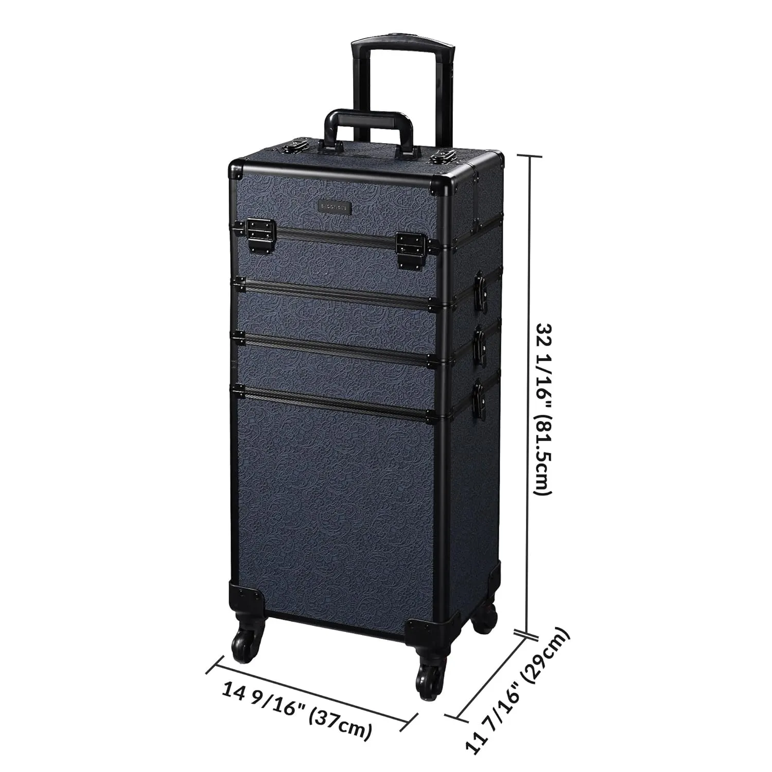 BYOOTIQUE Rolling Makeup Train Case on Wheels 3-Piece Cosmetology Organizer Kit Trolley Organizer Lockable Salon Hairstylist Traveling Cart bag for Nail Slon Esthetician,Rococo Blue