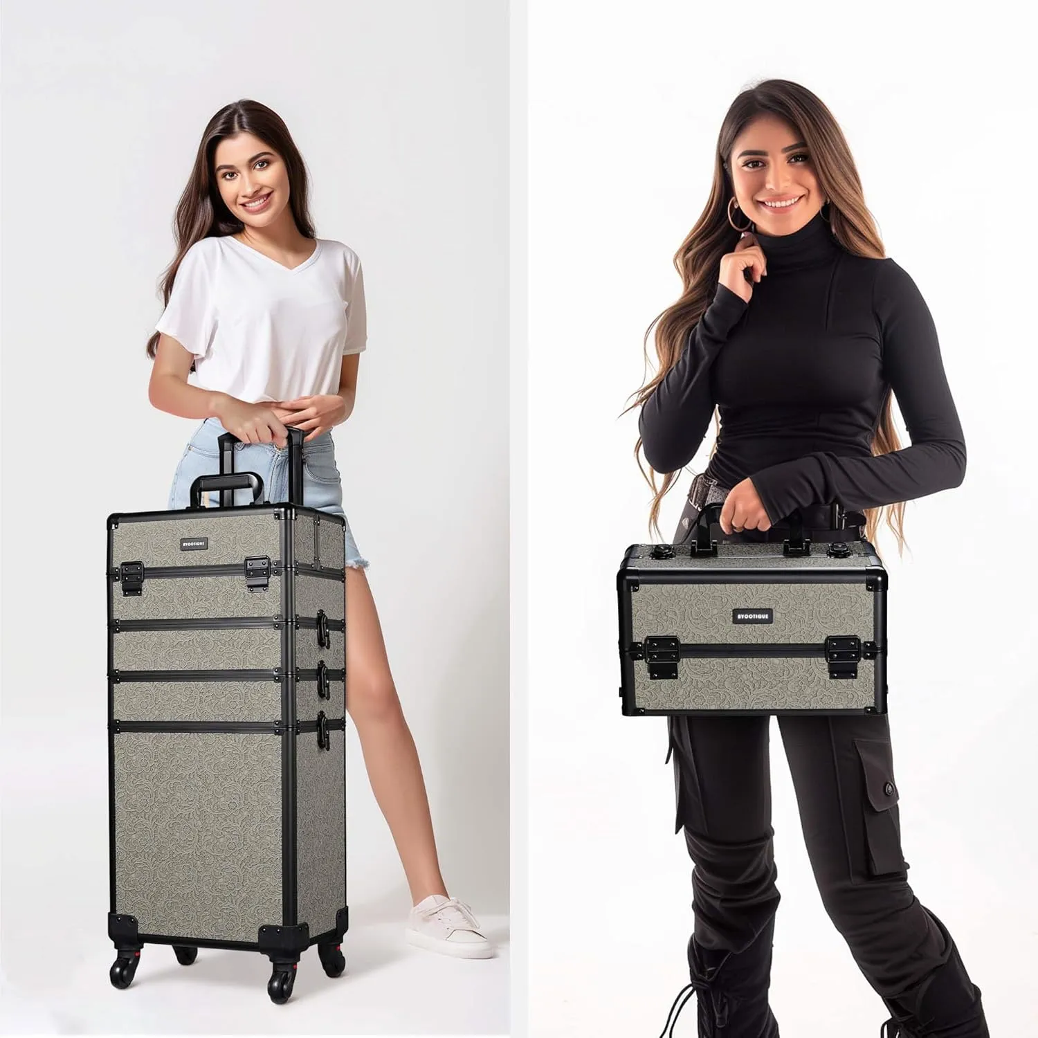 BYOOTIQUE Rolling Makeup Train Case on Wheels 3-Piece Cosmetology Organizer Kit Trolley Organizer Lockable Salon Hairstylist Traveling Cart bag for Nail Slon Esthetician,Rococo Gray