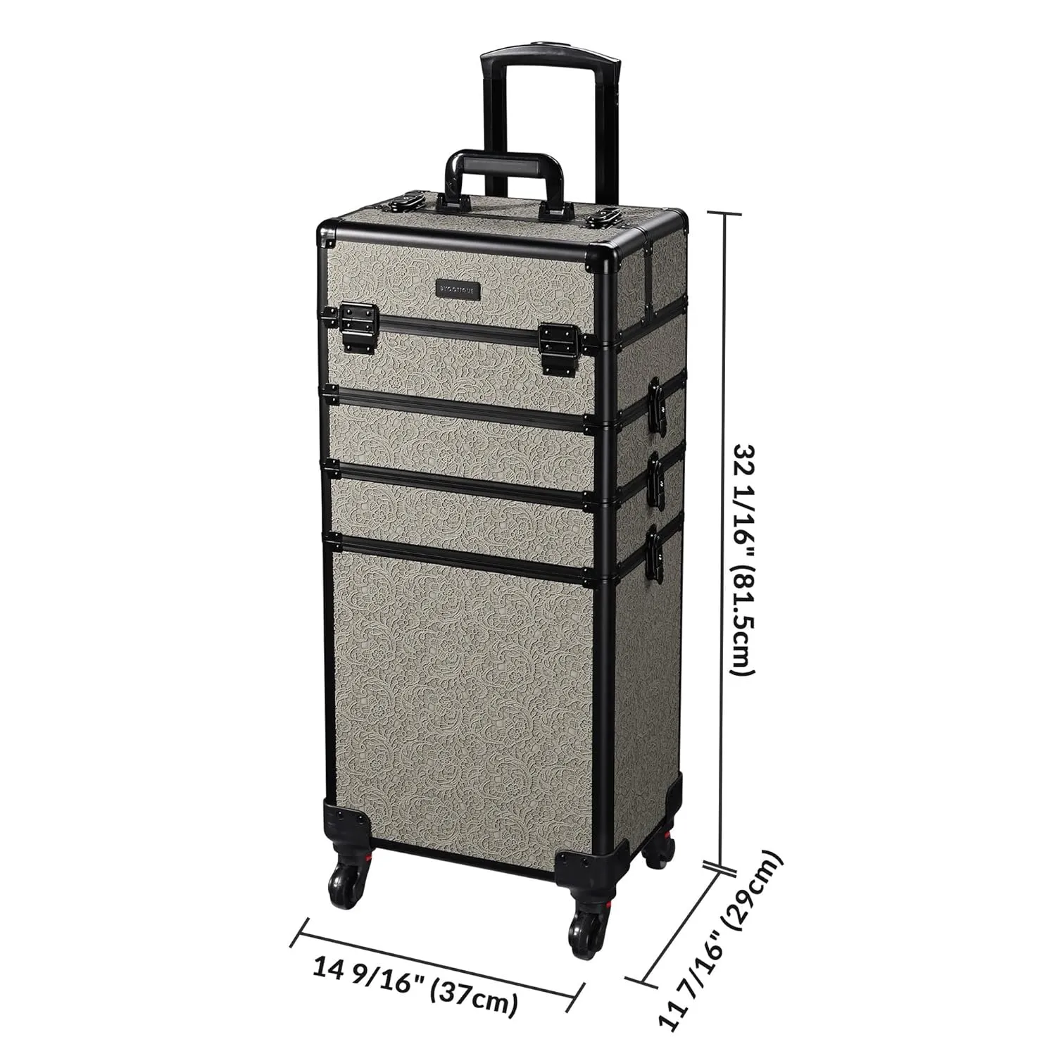 BYOOTIQUE Rolling Makeup Train Case on Wheels 3-Piece Cosmetology Organizer Kit Trolley Organizer Lockable Salon Hairstylist Traveling Cart bag for Nail Slon Esthetician,Rococo Gray