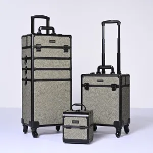BYOOTIQUE Rolling Makeup Train Case on Wheels 3-Piece Cosmetology Organizer Kit Trolley Organizer Lockable Salon Hairstylist Traveling Cart bag for Nail Slon Esthetician,Rococo Gray