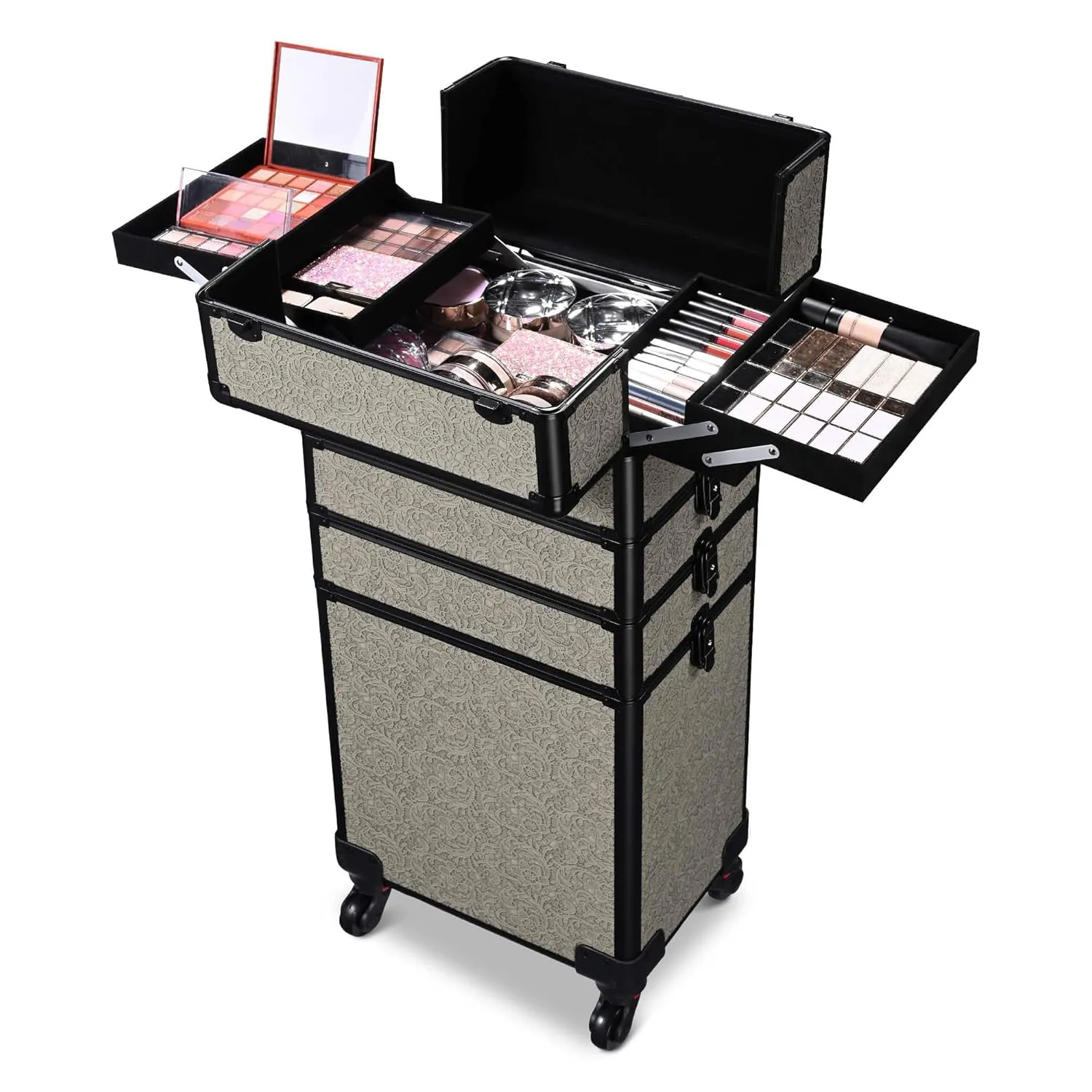 BYOOTIQUE Rolling Makeup Train Case on Wheels 3-Piece Cosmetology Organizer Kit Trolley Organizer Lockable Salon Hairstylist Traveling Cart bag for Nail Slon Esthetician,Rococo Gray