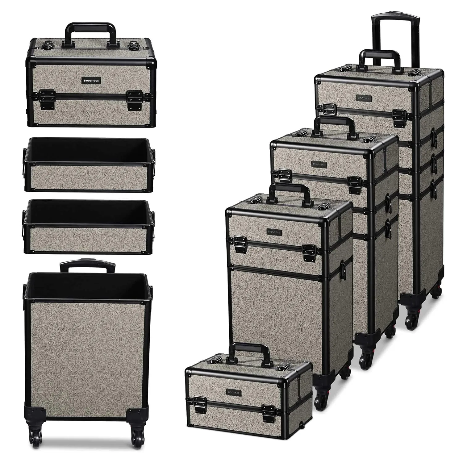 BYOOTIQUE Rolling Makeup Train Case on Wheels 3-Piece Cosmetology Organizer Kit Trolley Organizer Lockable Salon Hairstylist Traveling Cart bag for Nail Slon Esthetician,Rococo Gray