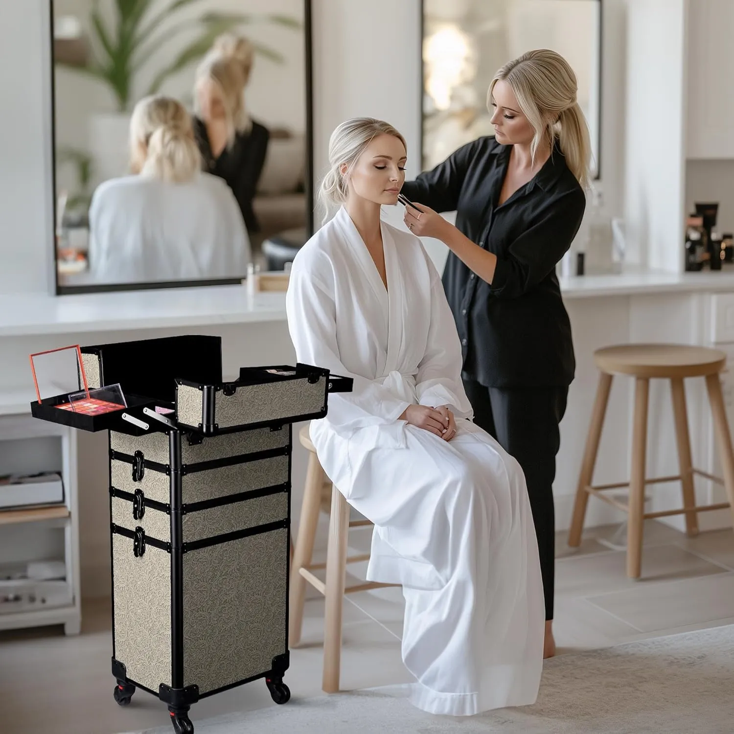 BYOOTIQUE Rolling Makeup Train Case on Wheels 3-Piece Cosmetology Organizer Kit Trolley Organizer Lockable Salon Hairstylist Traveling Cart bag for Nail Slon Esthetician,Rococo Gray