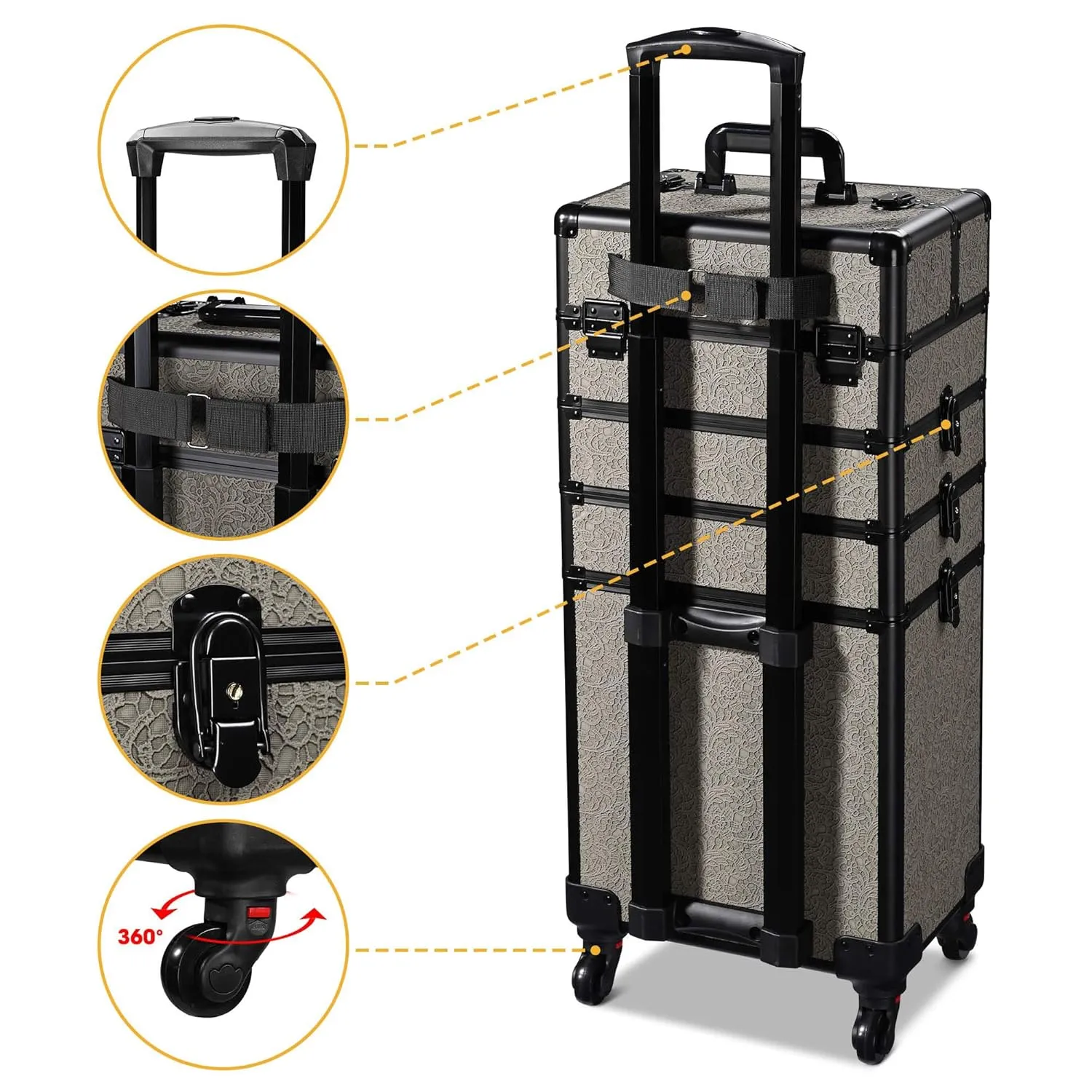 BYOOTIQUE Rolling Makeup Train Case on Wheels 3-Piece Cosmetology Organizer Kit Trolley Organizer Lockable Salon Hairstylist Traveling Cart bag for Nail Slon Esthetician,Rococo Gray