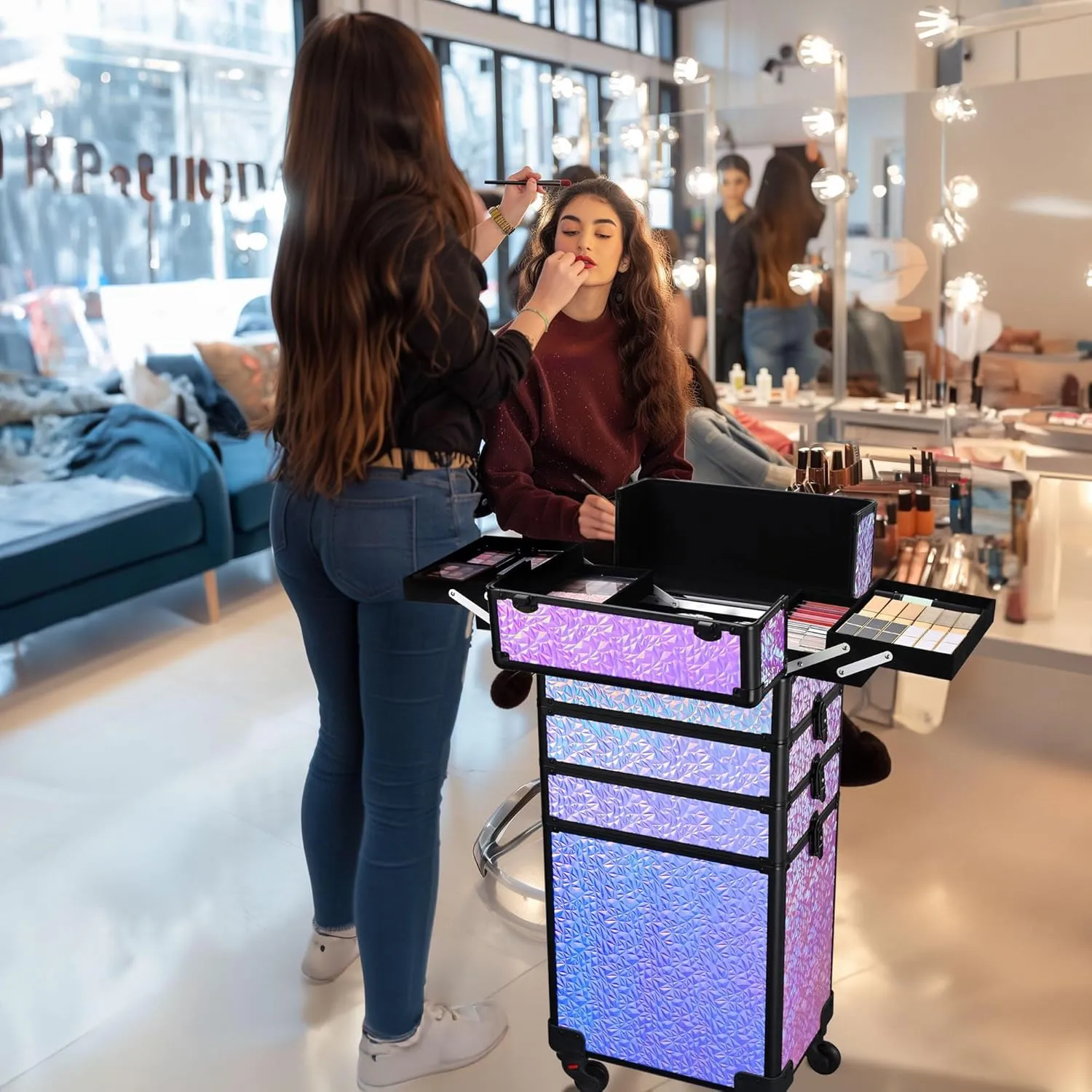 BYOOTIQUE Rolling Makeup Train Case on wheels 4in1 Cosmetology Large Maleta de Maquillaje Profesional Lockable Cosmetic Bag Organizer Tattoo Travel Box Barber Cart Beauty Salon,Mermaid Purple