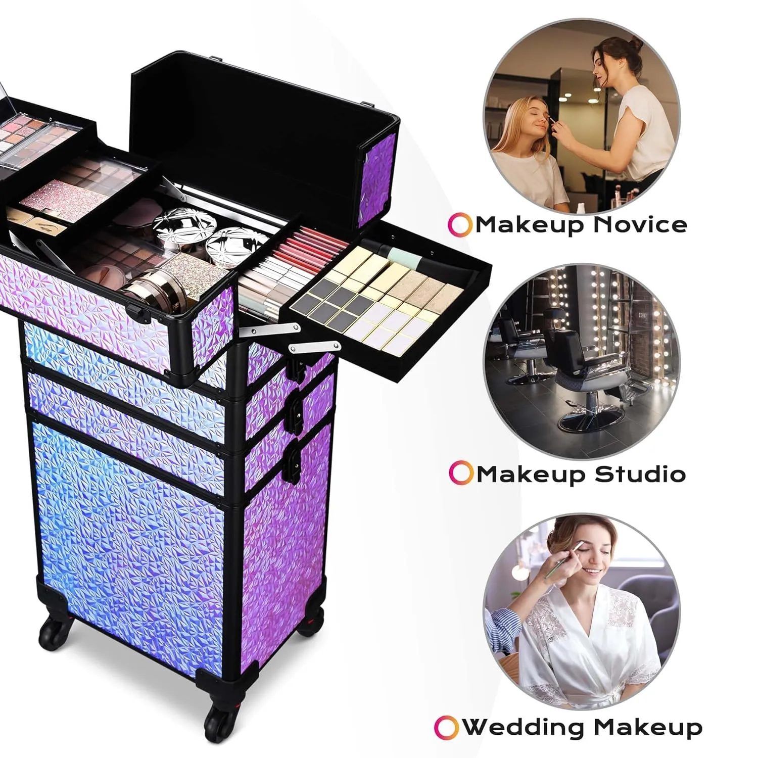 BYOOTIQUE Rolling Makeup Train Case on wheels 4in1 Cosmetology Large Maleta de Maquillaje Profesional Lockable Cosmetic Bag Organizer Tattoo Travel Box Barber Cart Beauty Salon,Mermaid Purple
