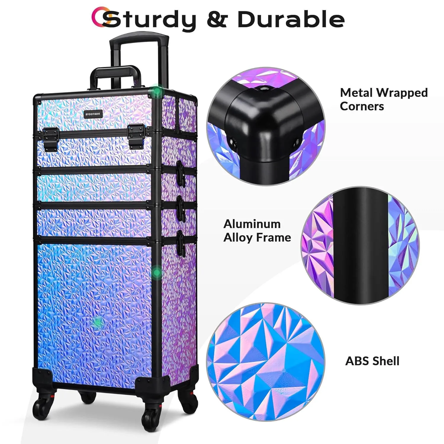 BYOOTIQUE Rolling Makeup Train Case on wheels 4in1 Cosmetology Large Maleta de Maquillaje Profesional Lockable Cosmetic Bag Organizer Tattoo Travel Box Barber Cart Beauty Salon,Mermaid Purple