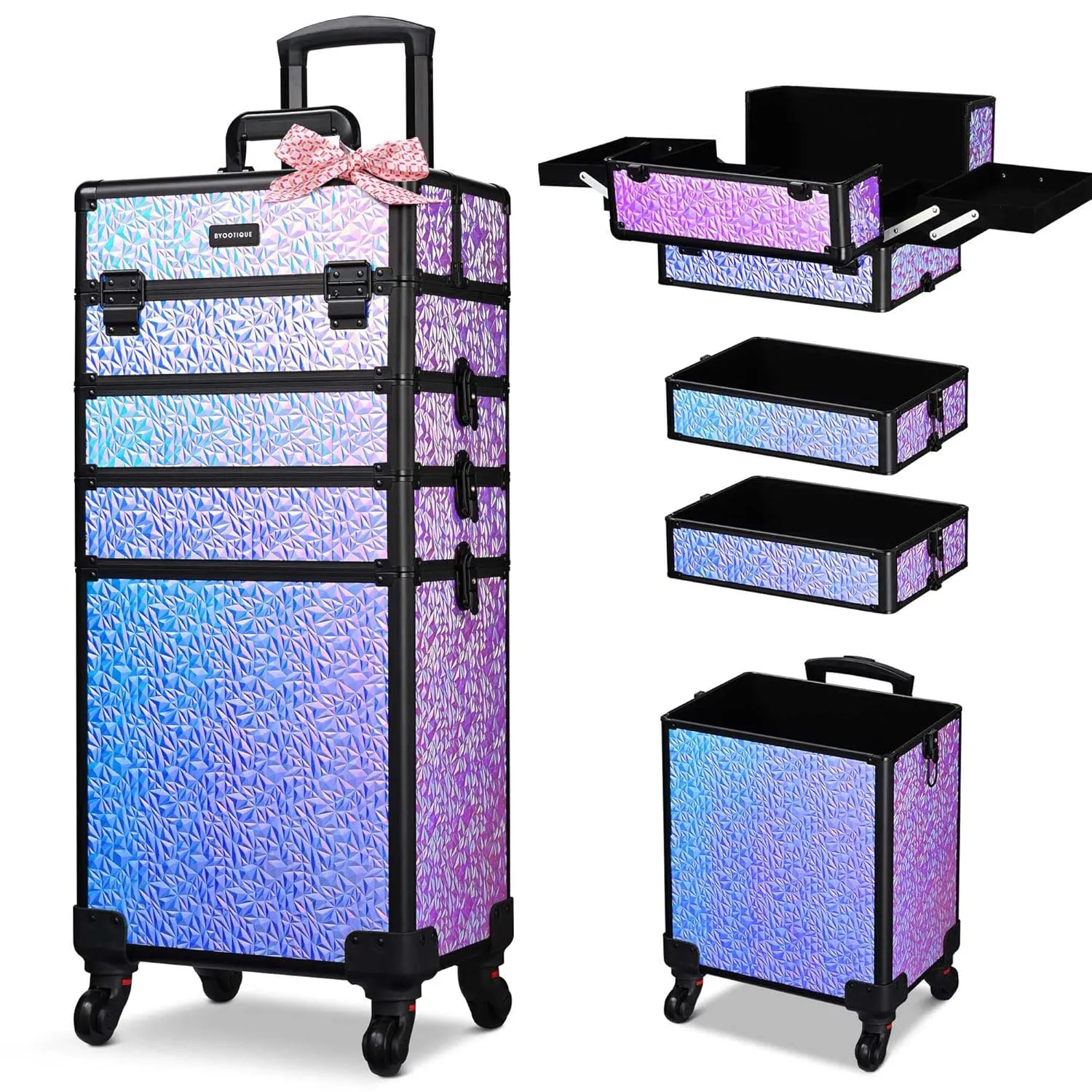 BYOOTIQUE Rolling Makeup Train Case on wheels 4in1 Cosmetology Large Maleta de Maquillaje Profesional Lockable Cosmetic Bag Organizer Tattoo Travel Box Barber Cart Beauty Salon,Mermaid Purple