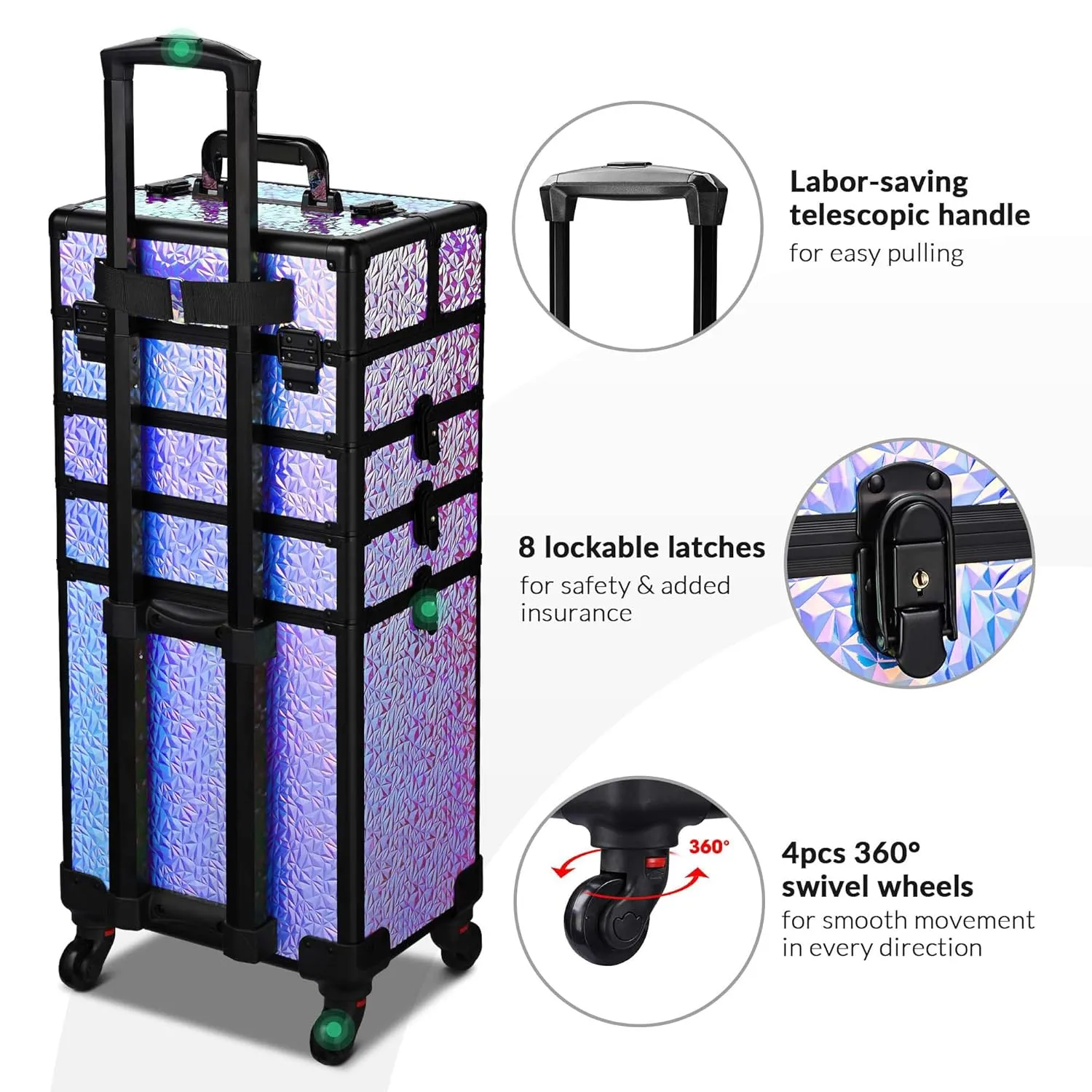 BYOOTIQUE Rolling Makeup Train Case on wheels 4in1 Cosmetology Large Maleta de Maquillaje Profesional Lockable Cosmetic Bag Organizer Tattoo Travel Box Barber Cart Beauty Salon,Mermaid Purple