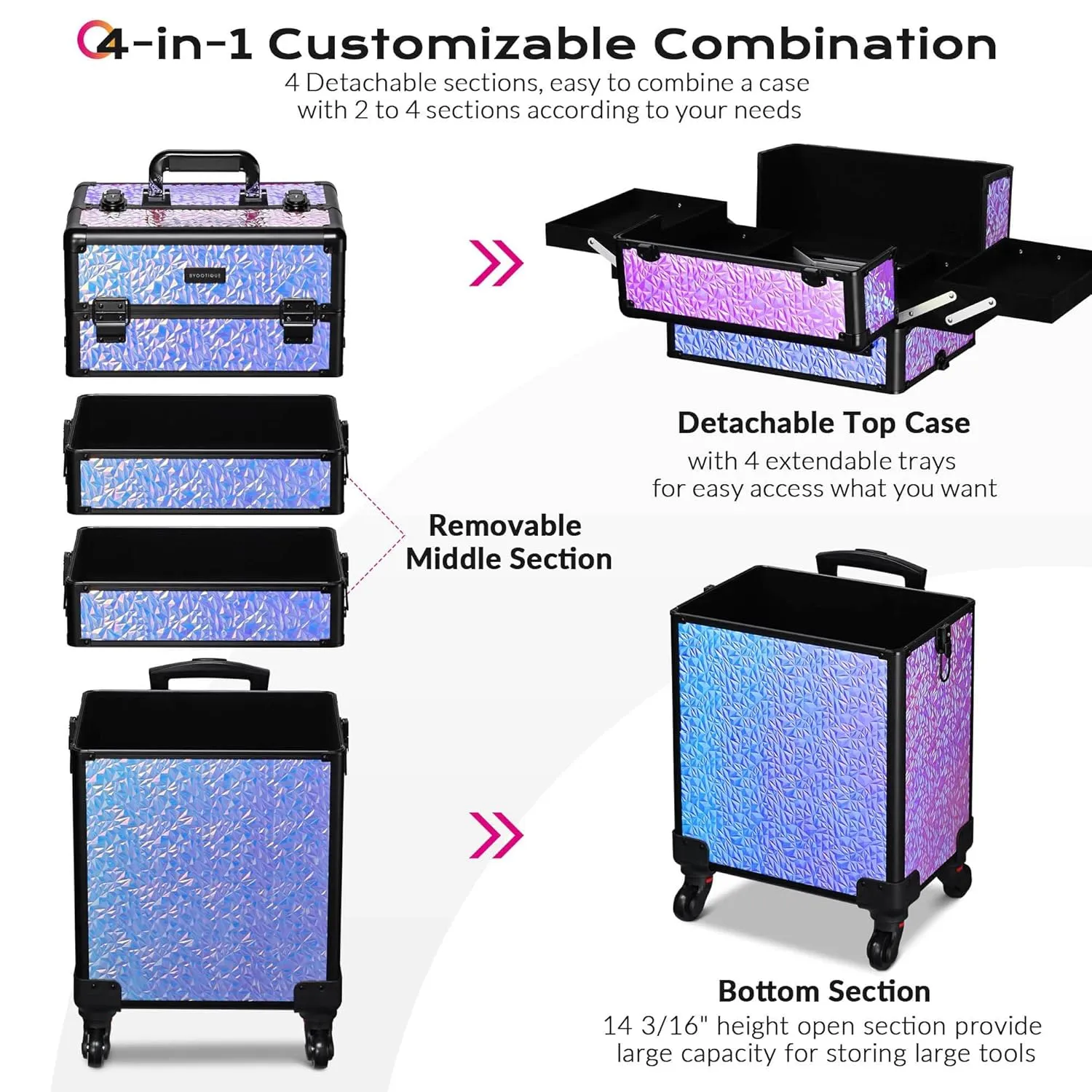 BYOOTIQUE Rolling Makeup Train Case on wheels 4in1 Cosmetology Large Maleta de Maquillaje Profesional Lockable Cosmetic Bag Organizer Tattoo Travel Box Barber Cart Beauty Salon,Mermaid Purple
