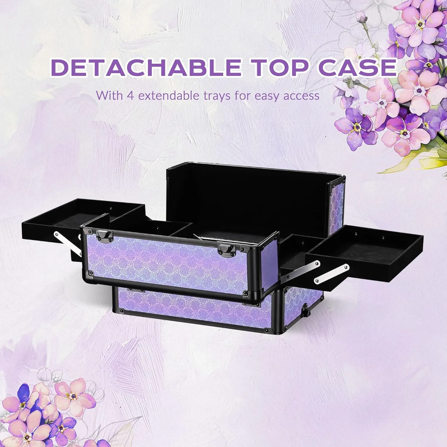 BYOOTIQUE Rolling Makeup Train Case on Wheels 4in1 Cosmetology Profesional Travel Cosmetic Bag Lockable Organizer Box for Hairstylist Artist Nail Beauty Salon Barber,Charm ForgetMeNot