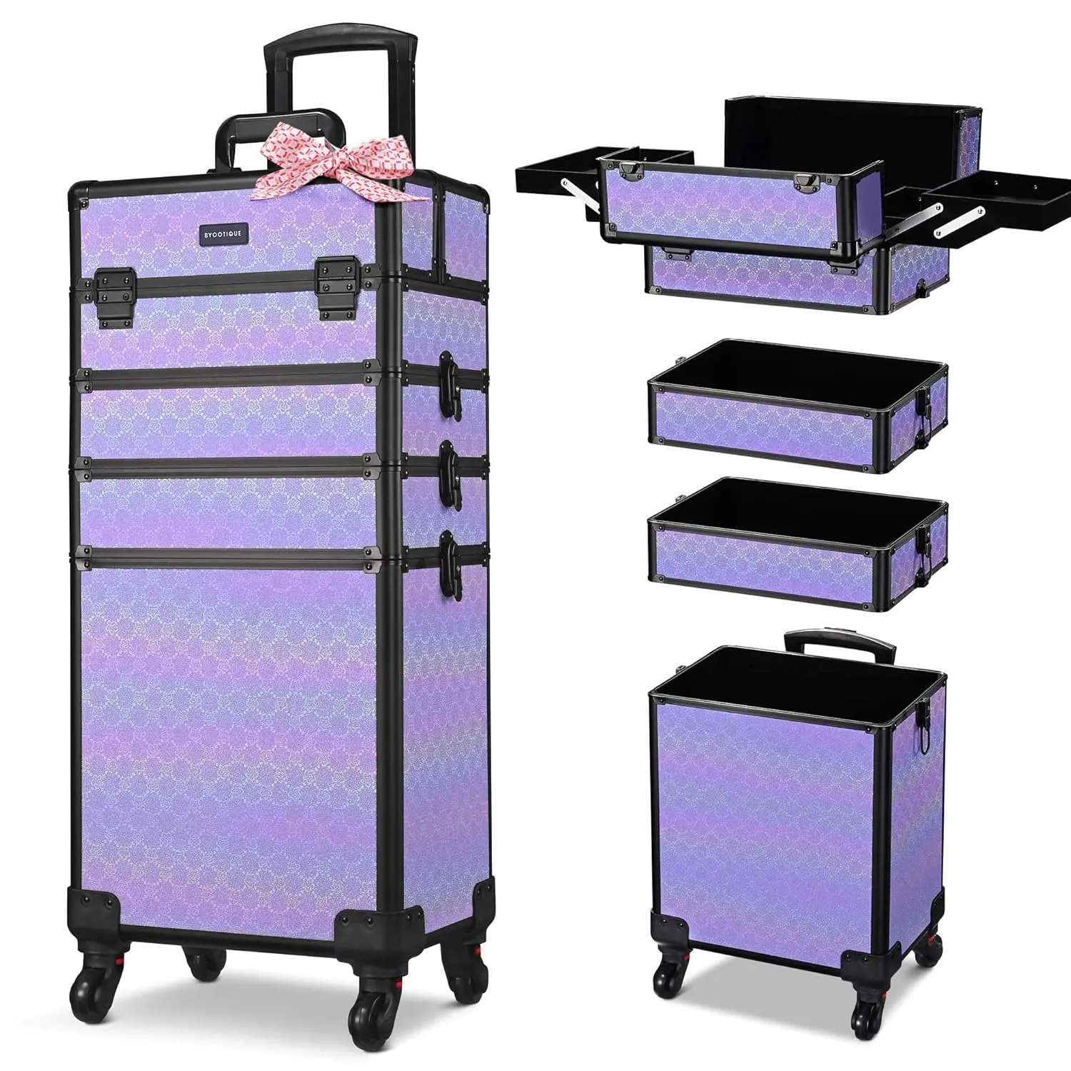 BYOOTIQUE Rolling Makeup Train Case on Wheels 4in1 Cosmetology Profesional Travel Cosmetic Bag Lockable Organizer Box for Hairstylist Artist Nail Beauty Salon Barber,Charm ForgetMeNot