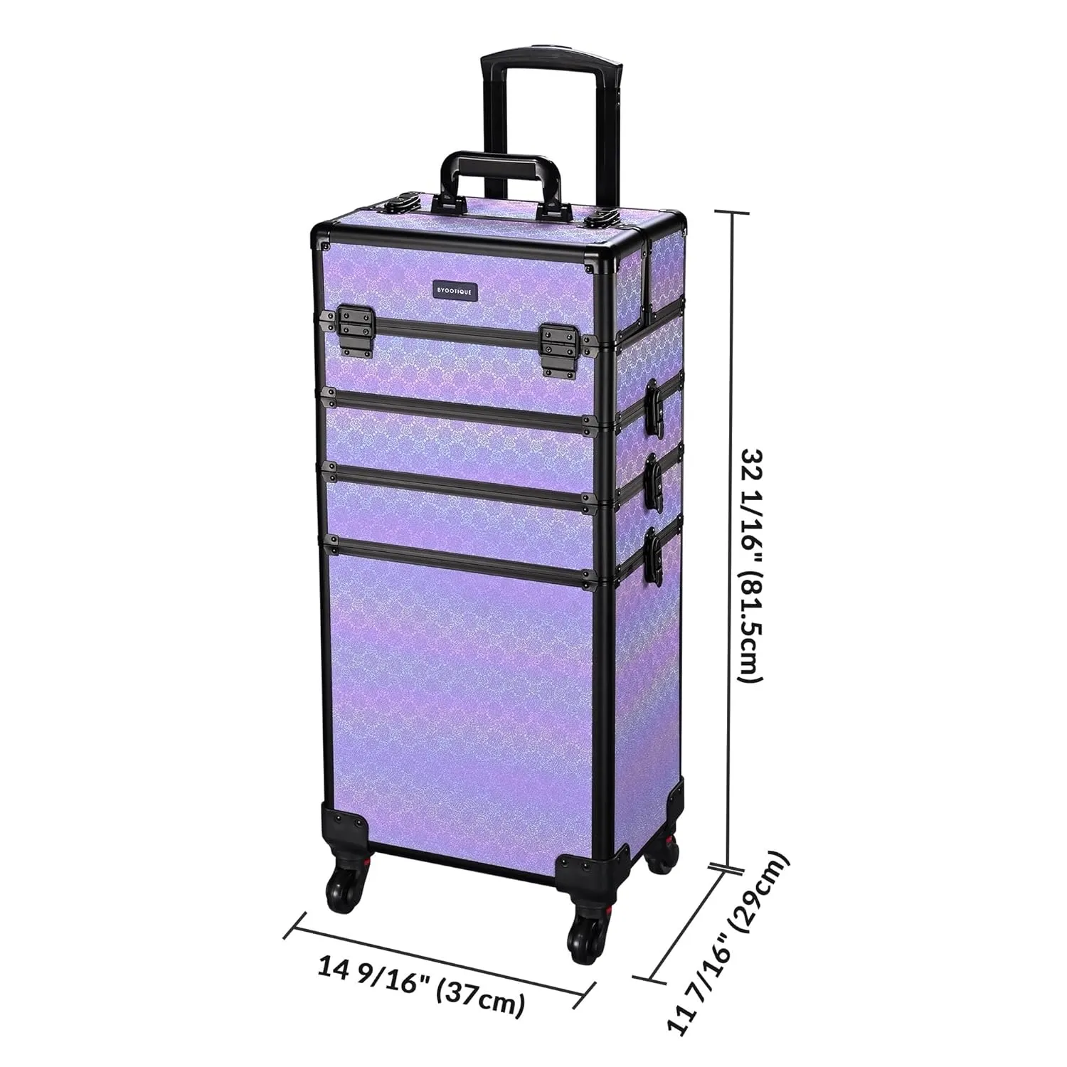 BYOOTIQUE Rolling Makeup Train Case on Wheels 4in1 Cosmetology Profesional Travel Cosmetic Bag Lockable Organizer Box for Hairstylist Artist Nail Beauty Salon Barber,Charm ForgetMeNot
