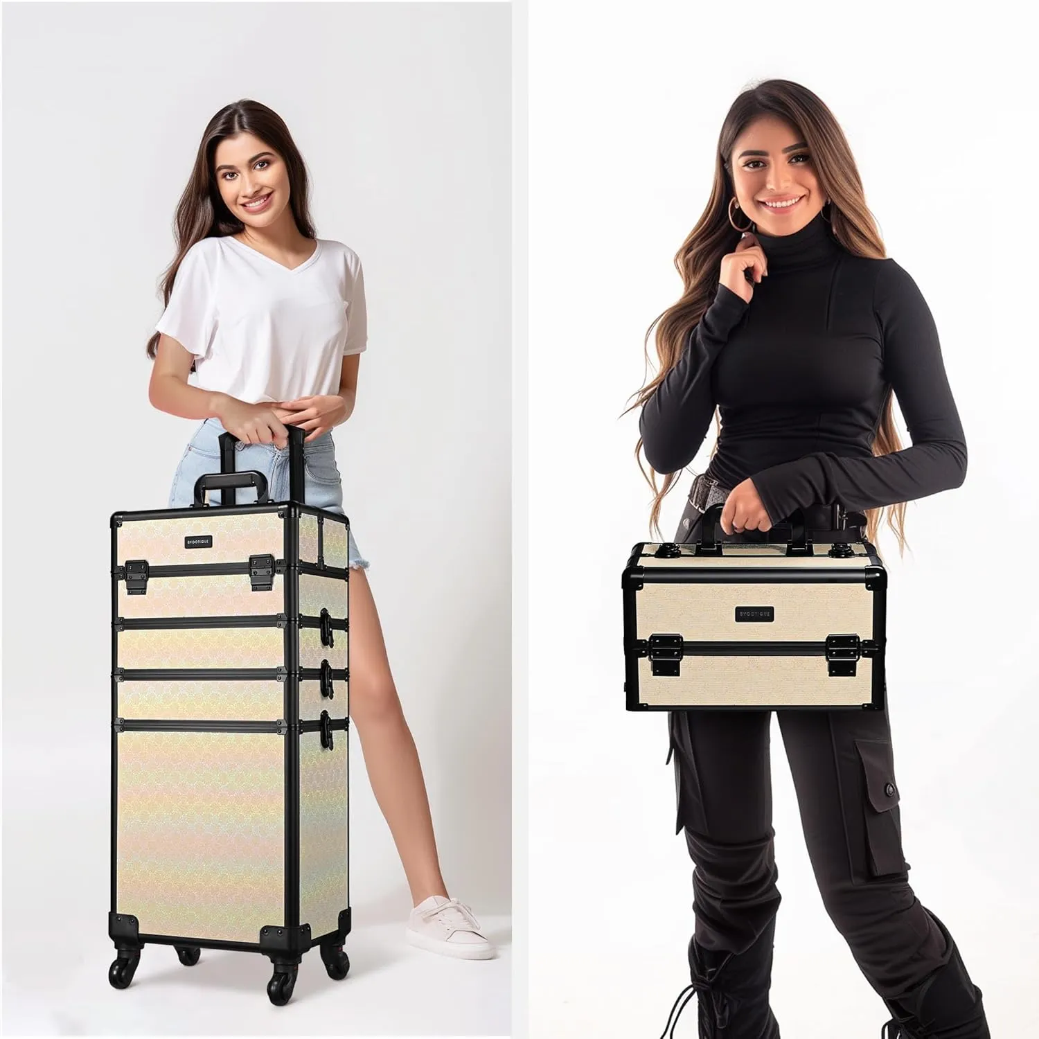 BYOOTIQUE Rolling Makeup Train Case on Wheels 4in1 Cosmetology Profesional Travel Cosmetic Bag Lockable Organizer Box for Hairstylist Artist Nail Beauty Salon Barber,Grace ForgetMeNot