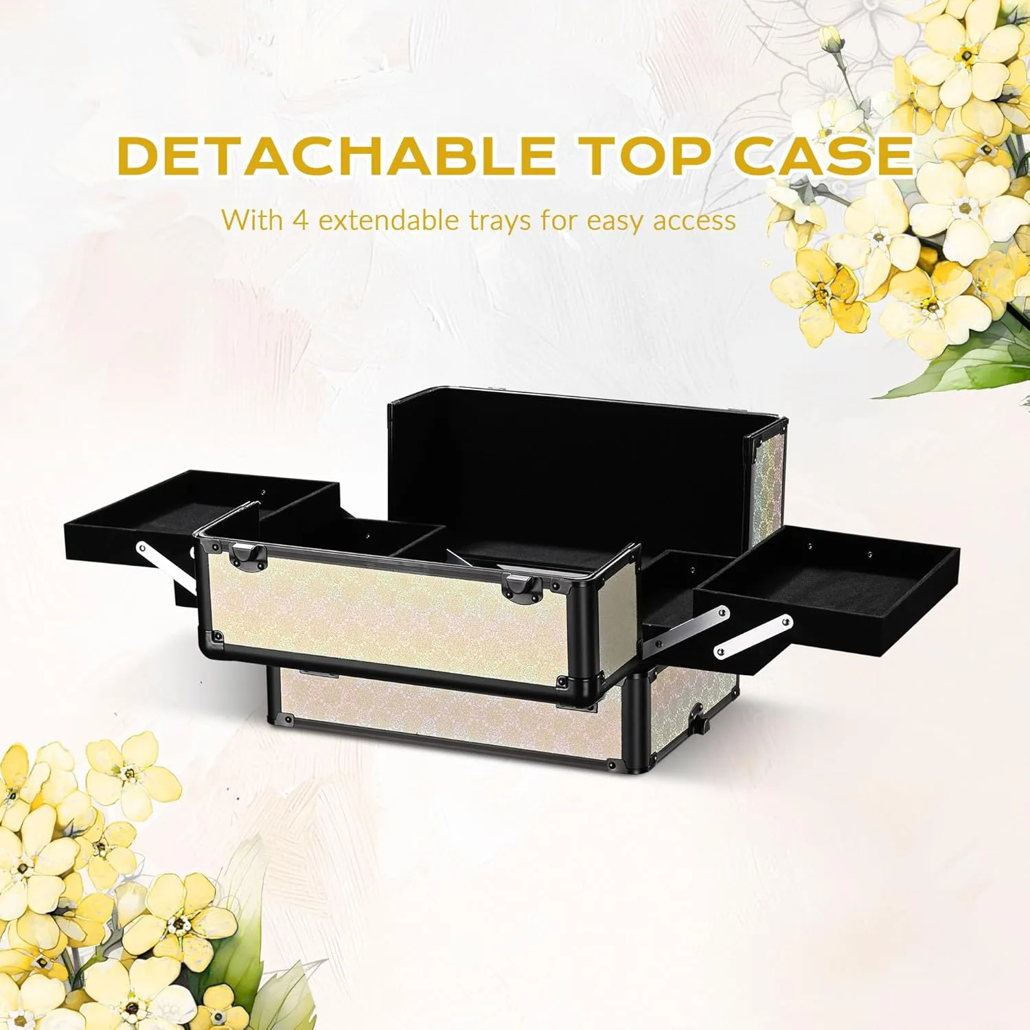 BYOOTIQUE Rolling Makeup Train Case on Wheels 4in1 Cosmetology Profesional Travel Cosmetic Bag Lockable Organizer Box for Hairstylist Artist Nail Beauty Salon Barber,Grace ForgetMeNot