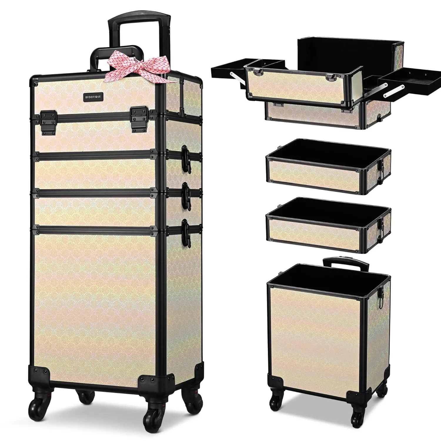 BYOOTIQUE Rolling Makeup Train Case on Wheels 4in1 Cosmetology Profesional Travel Cosmetic Bag Lockable Organizer Box for Hairstylist Artist Nail Beauty Salon Barber,Grace ForgetMeNot