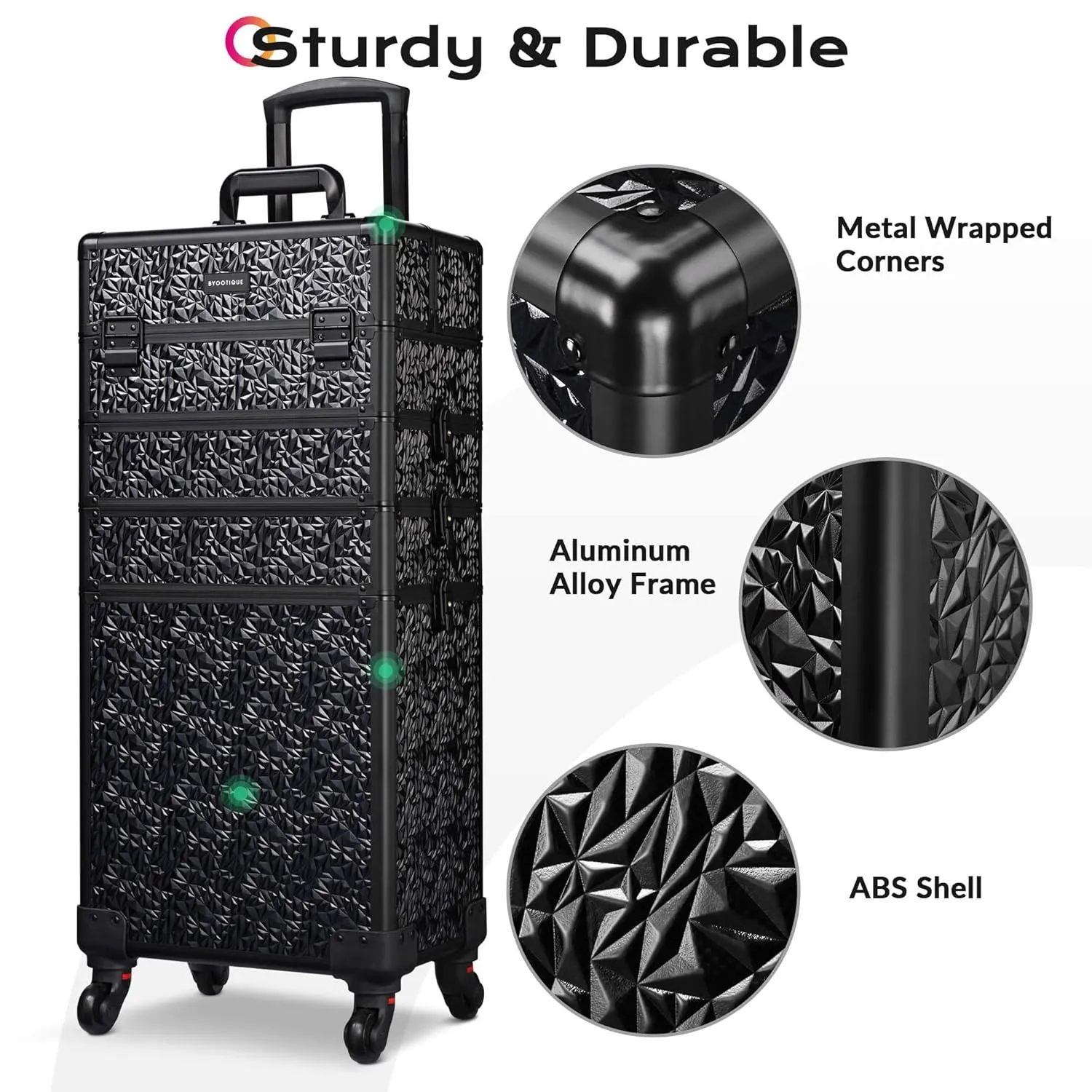 BYOOTIQUE Rolling Makeup Train Case on Wheels 4in1 Cosmetology Profesional Travel Cosmetic Bag Lockable Organizer Box for Hairstylist Artist Nail Beauty Salon Barber,Mermaid Black