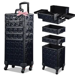 BYOOTIQUE Rolling Makeup Train Case on Wheels 4in1 Cosmetology Profesional Travel Cosmetic Bag Lockable Organizer Box for Hairstylist Artist Nail Beauty Salon Barber,Mermaid Black