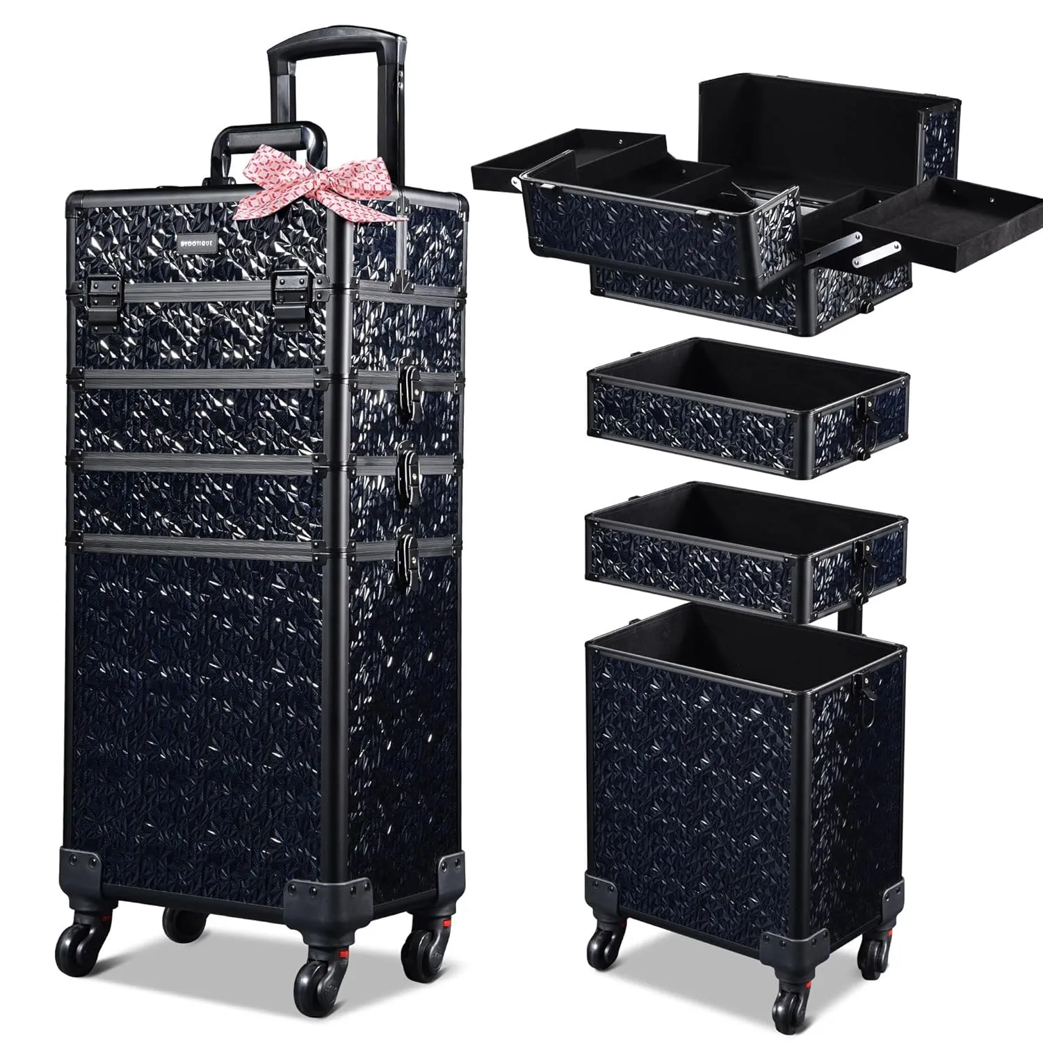 BYOOTIQUE Rolling Makeup Train Case on Wheels 4in1 Cosmetology Profesional Travel Cosmetic Bag Lockable Organizer Box for Hairstylist Artist Nail Beauty Salon Barber,Mermaid Black