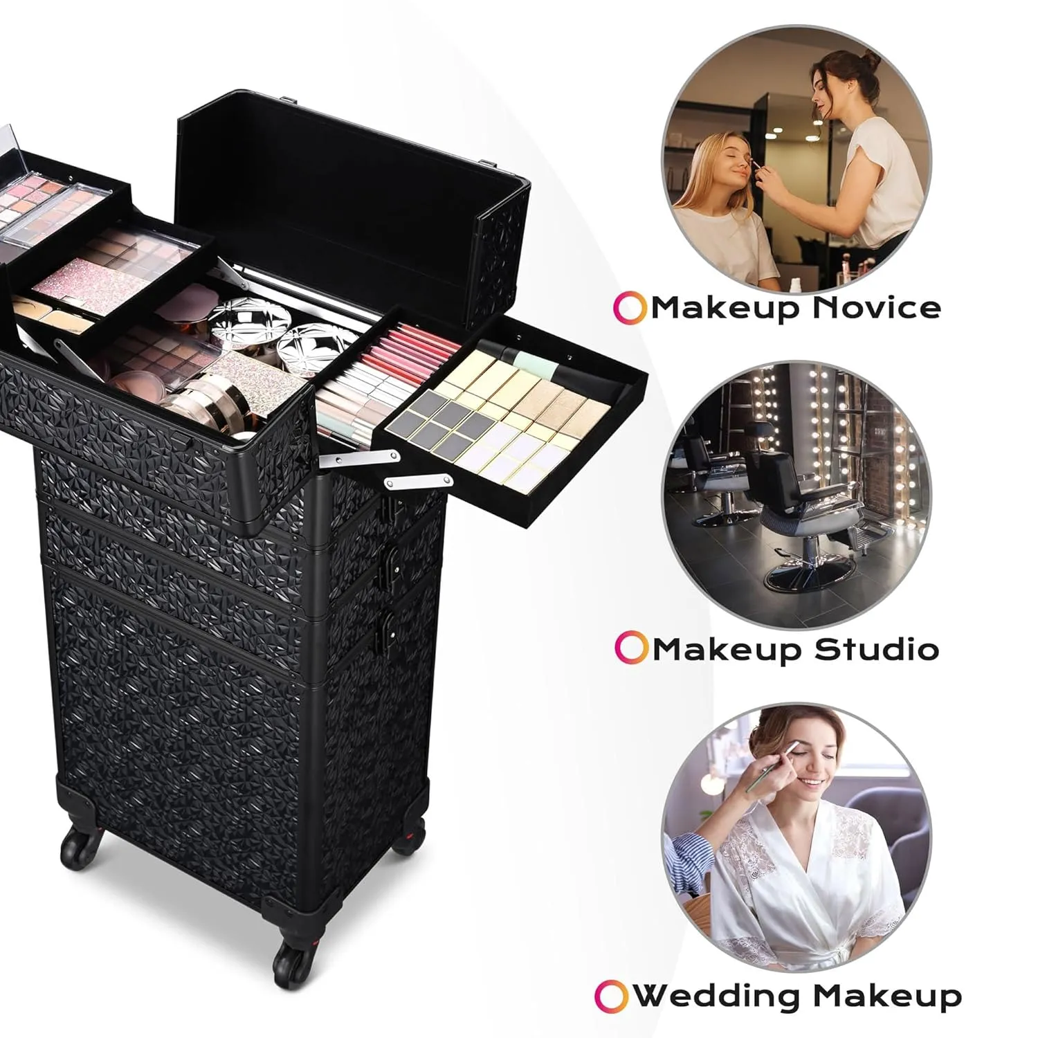BYOOTIQUE Rolling Makeup Train Case on Wheels 4in1 Cosmetology Profesional Travel Cosmetic Bag Lockable Organizer Box for Hairstylist Artist Nail Beauty Salon Barber,Mermaid Black