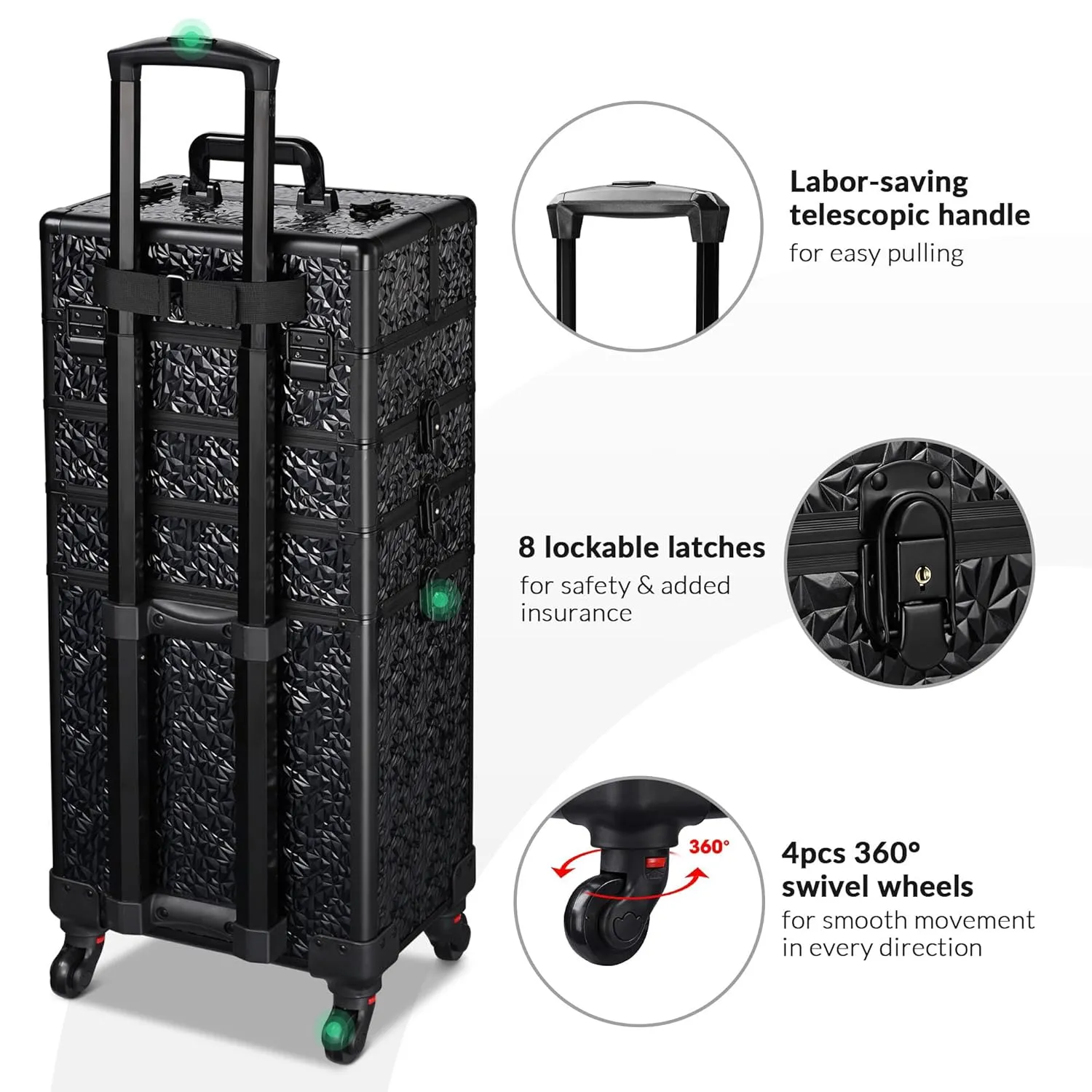 BYOOTIQUE Rolling Makeup Train Case on Wheels 4in1 Cosmetology Profesional Travel Cosmetic Bag Lockable Organizer Box for Hairstylist Artist Nail Beauty Salon Barber,Mermaid Black