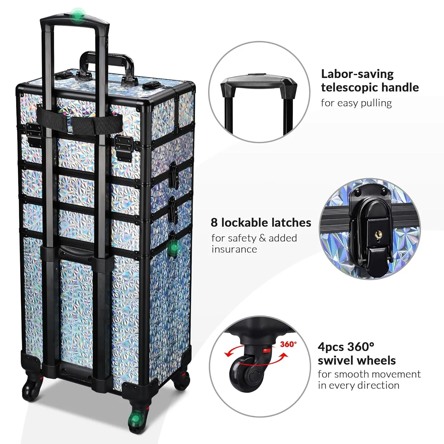 BYOOTIQUE Rolling Makeup Train Case on Wheels 4in1 Cosmetology Profesional Travel Cosmetic Bag Lockable Organizer Box for Hairstylist Artist Nail Beauty Salon Barber,Mermaid Silver