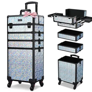 BYOOTIQUE Rolling Makeup Train Case on Wheels 4in1 Cosmetology Profesional Travel Cosmetic Bag Lockable Organizer Box for Hairstylist Artist Nail Beauty Salon Barber,Mermaid Silver