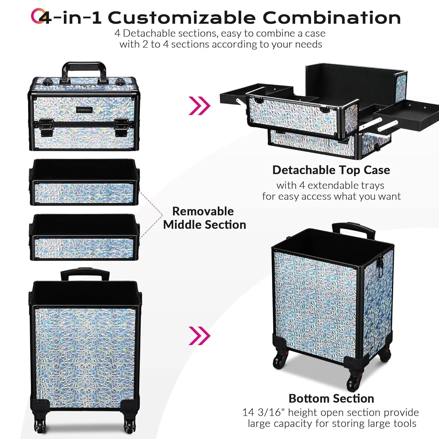 BYOOTIQUE Rolling Makeup Train Case on Wheels 4in1 Cosmetology Profesional Travel Cosmetic Bag Lockable Organizer Box for Hairstylist Artist Nail Beauty Salon Barber,Mermaid Silver