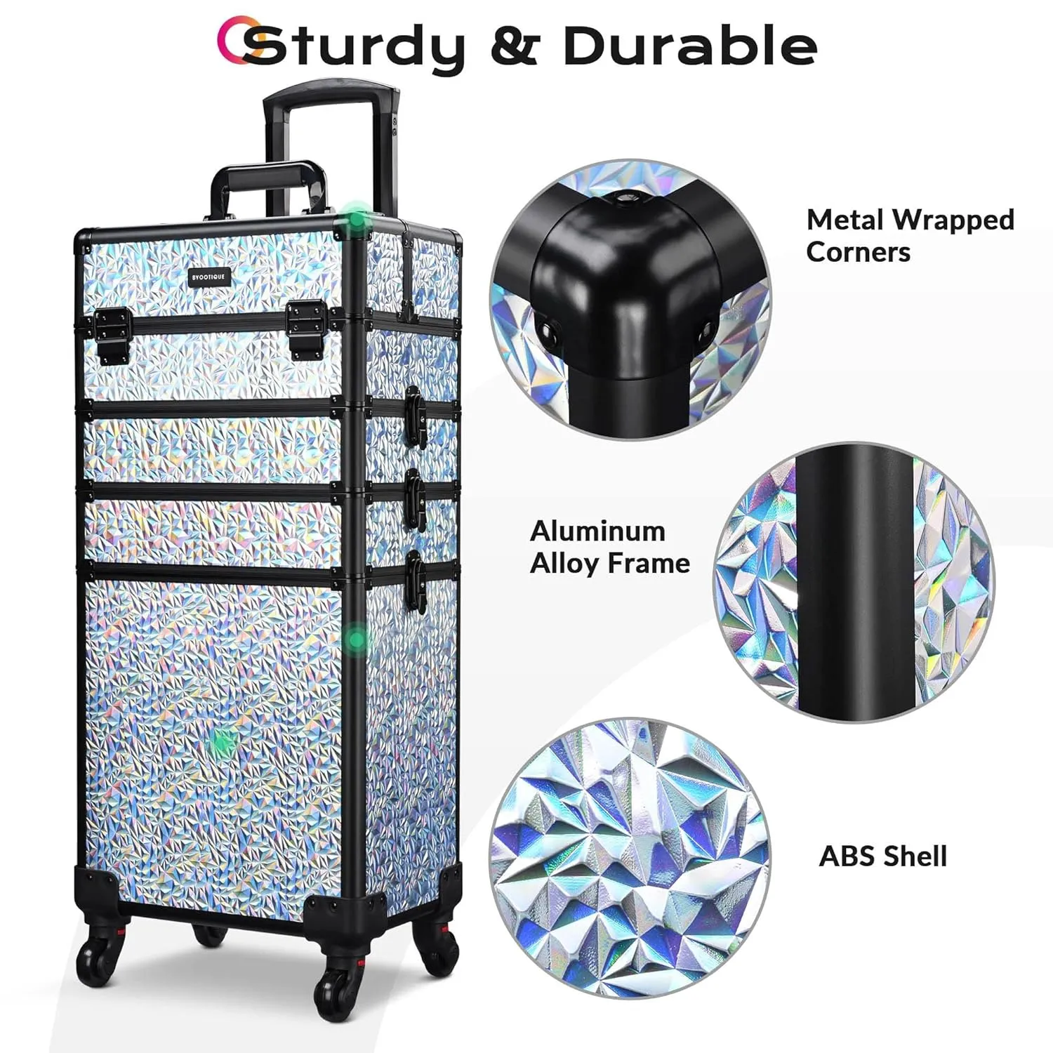 BYOOTIQUE Rolling Makeup Train Case on Wheels 4in1 Cosmetology Profesional Travel Cosmetic Bag Lockable Organizer Box for Hairstylist Artist Nail Beauty Salon Barber,Mermaid Silver