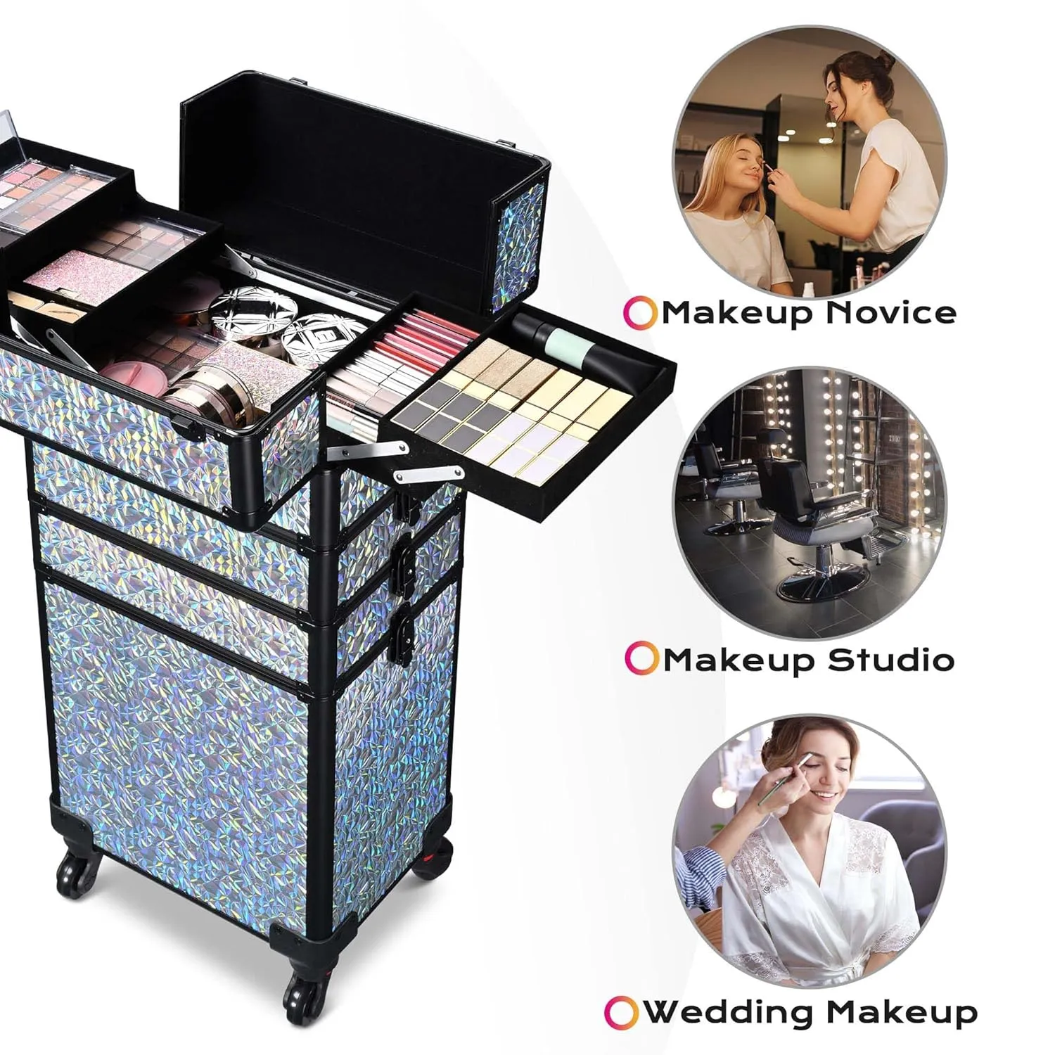 BYOOTIQUE Rolling Makeup Train Case on Wheels 4in1 Cosmetology Profesional Travel Cosmetic Bag Lockable Organizer Box for Hairstylist Artist Nail Beauty Salon Barber,Mermaid Silver