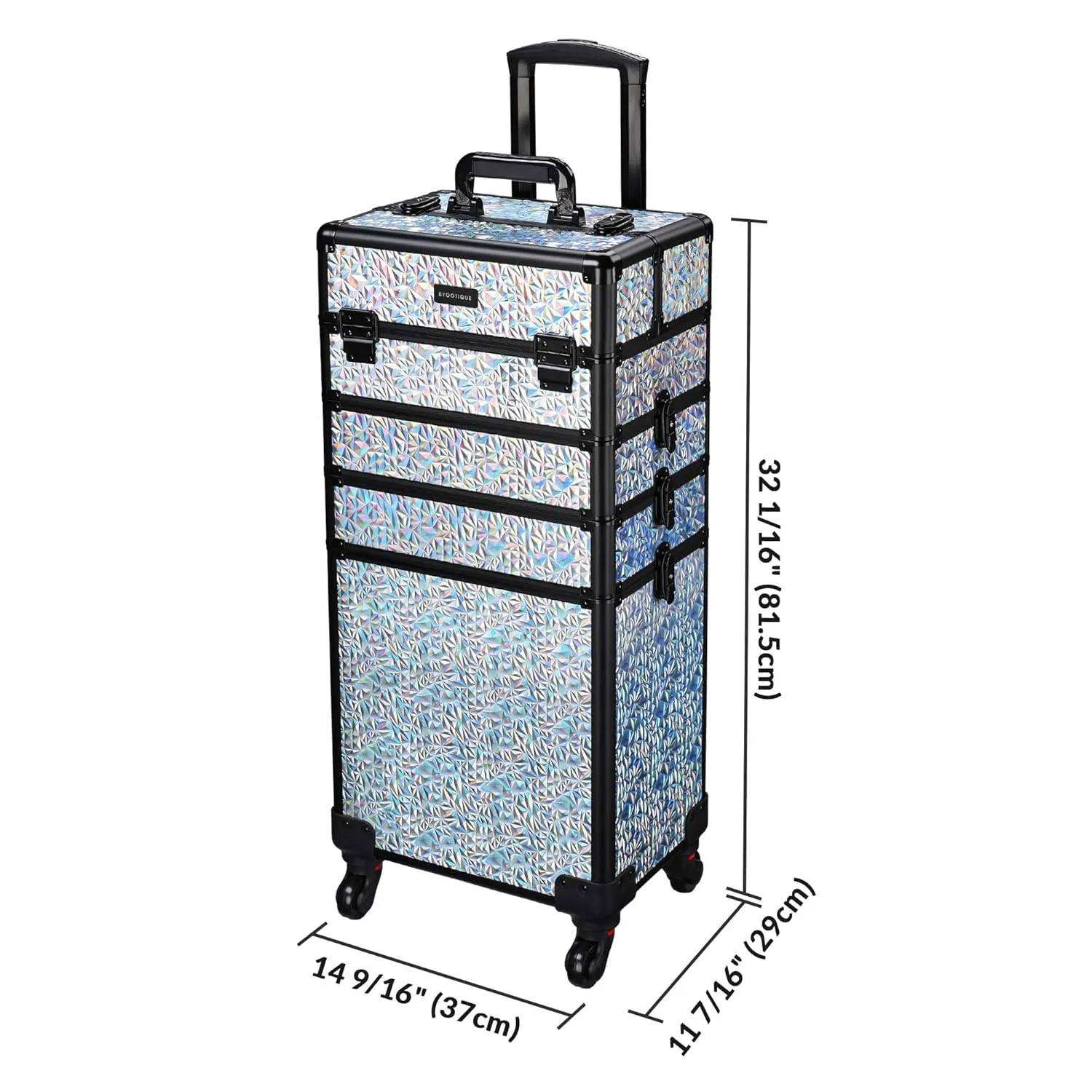 BYOOTIQUE Rolling Makeup Train Case on Wheels 4in1 Cosmetology Profesional Travel Cosmetic Bag Lockable Organizer Box for Hairstylist Artist Nail Beauty Salon Barber,Mermaid Silver
