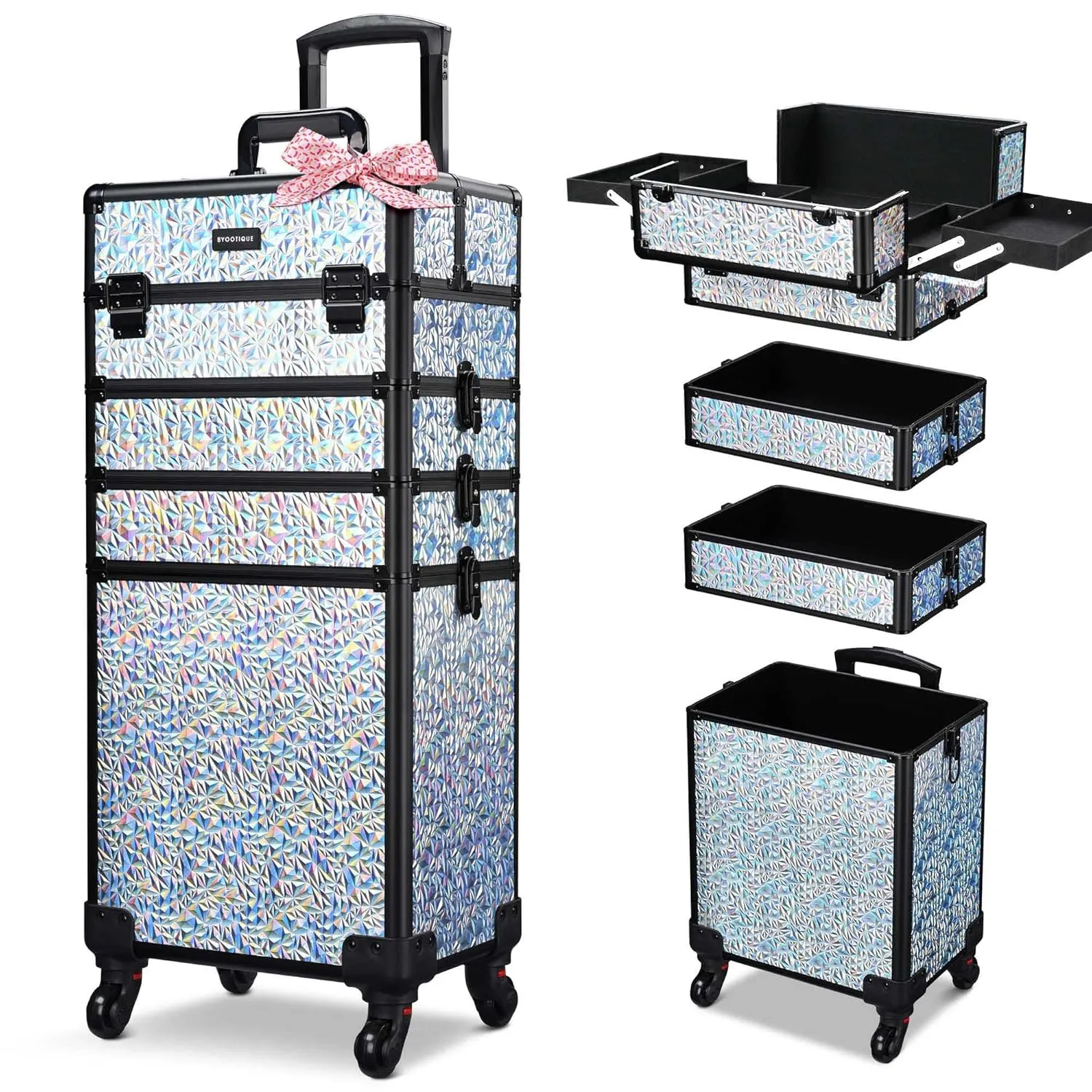 BYOOTIQUE Rolling Makeup Train Case on Wheels 4in1 Cosmetology Profesional Travel Cosmetic Bag Lockable Organizer Box for Hairstylist Artist Nail Beauty Salon Barber,Mermaid Silver