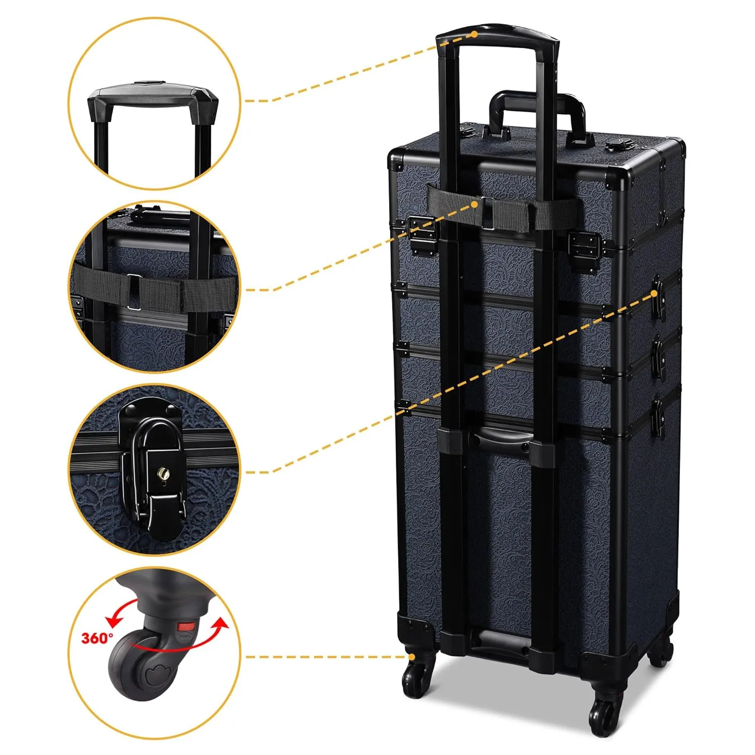 BYOOTIQUE Rolling Makeup Train Case on Wheels 4in1 Cosmetology Profesional Travel Cosmetic Bag Lockable Organizer Box for Hairstylist Artist Nail Beauty Salon Barber,Rococo Midnight
