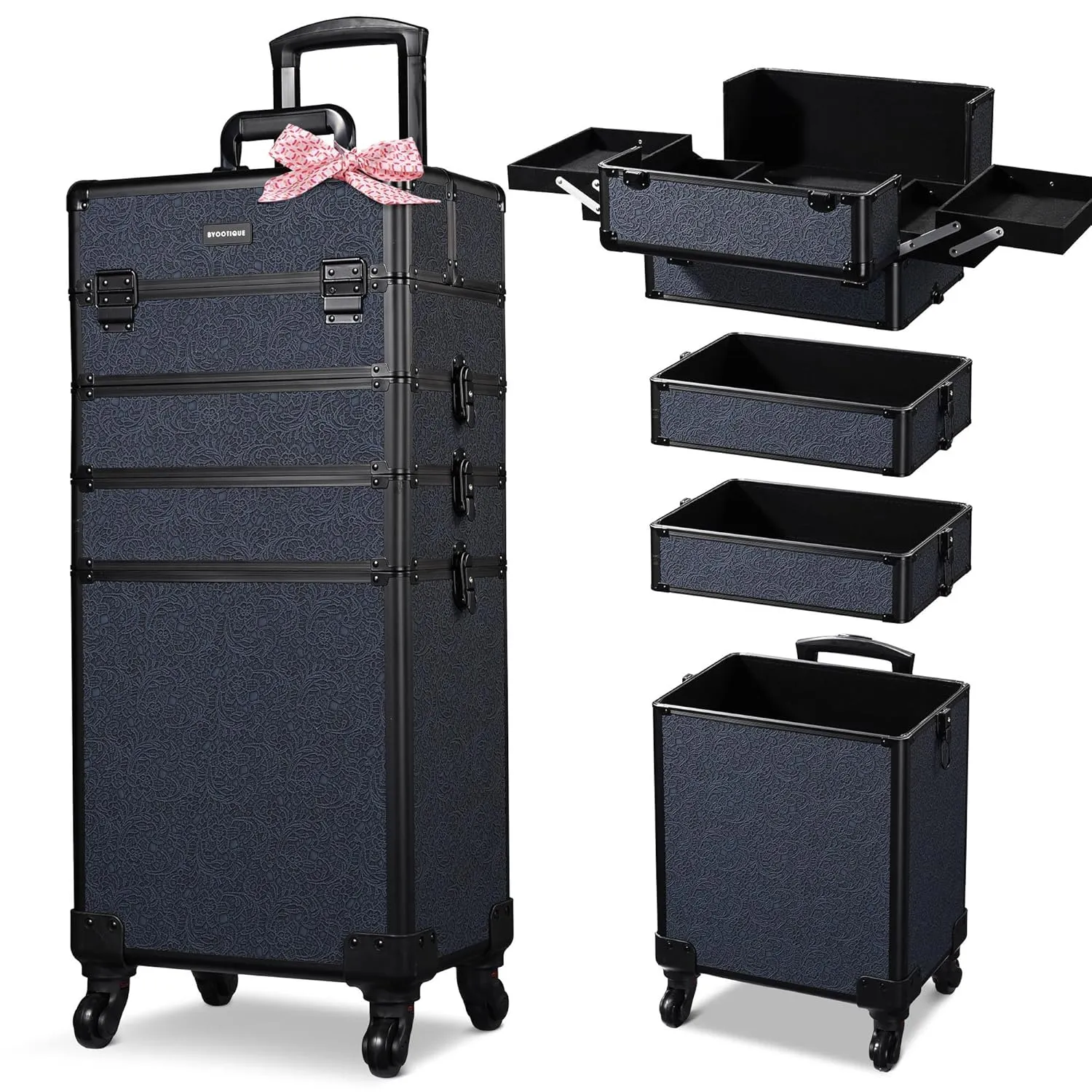BYOOTIQUE Rolling Makeup Train Case on Wheels 4in1 Cosmetology Profesional Travel Cosmetic Bag Lockable Organizer Box for Hairstylist Artist Nail Beauty Salon Barber,Rococo Midnight