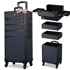 BYOOTIQUE Rolling Makeup Train Case on Wheels 4in1 Cosmetology Profesional Travel Cosmetic Bag Lockable Organizer Box for Hairstylist Artist Nail Beauty Salon Barber,Rococo Midnight