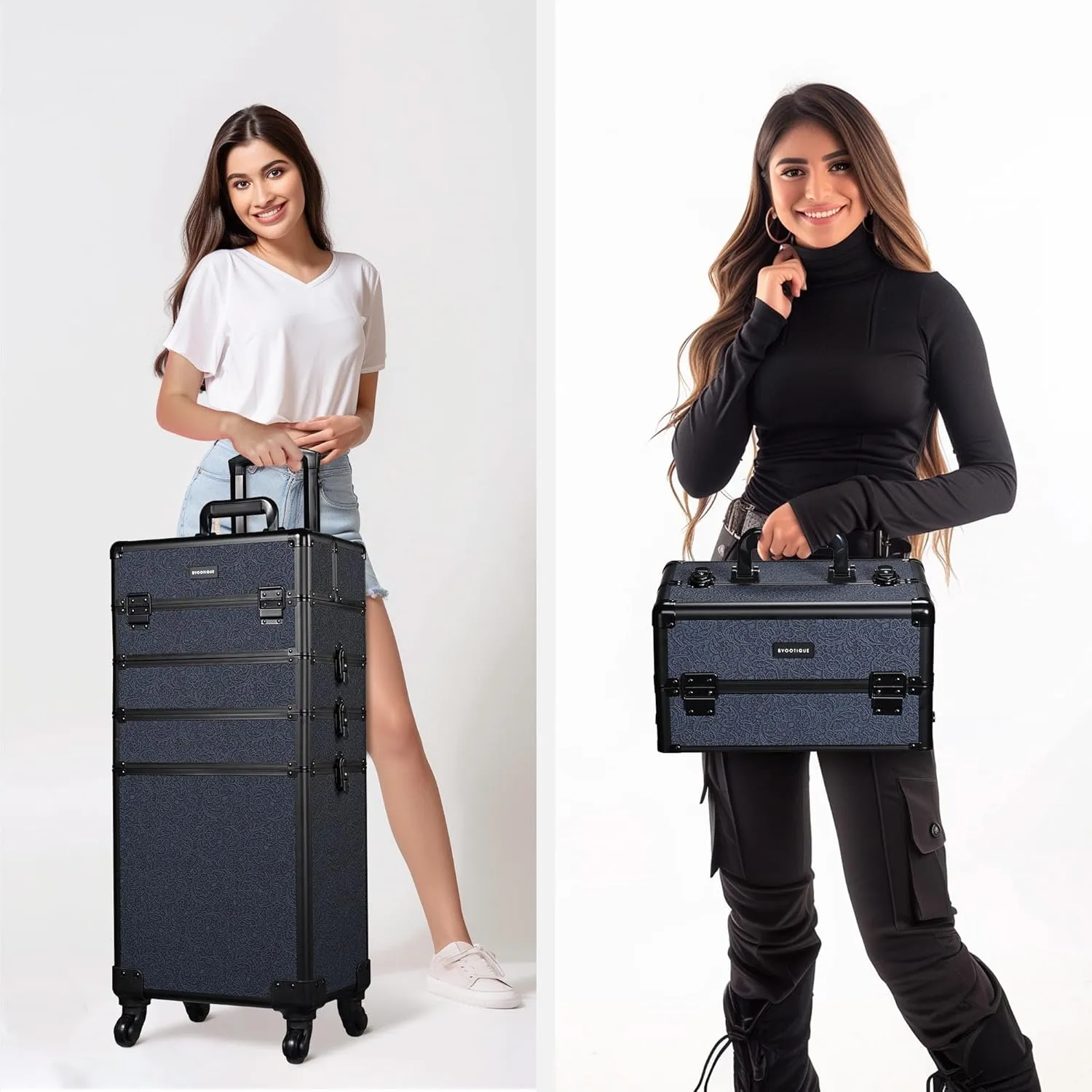 BYOOTIQUE Rolling Makeup Train Case on Wheels 4in1 Cosmetology Profesional Travel Cosmetic Bag Lockable Organizer Box for Hairstylist Artist Nail Beauty Salon Barber,Rococo Midnight