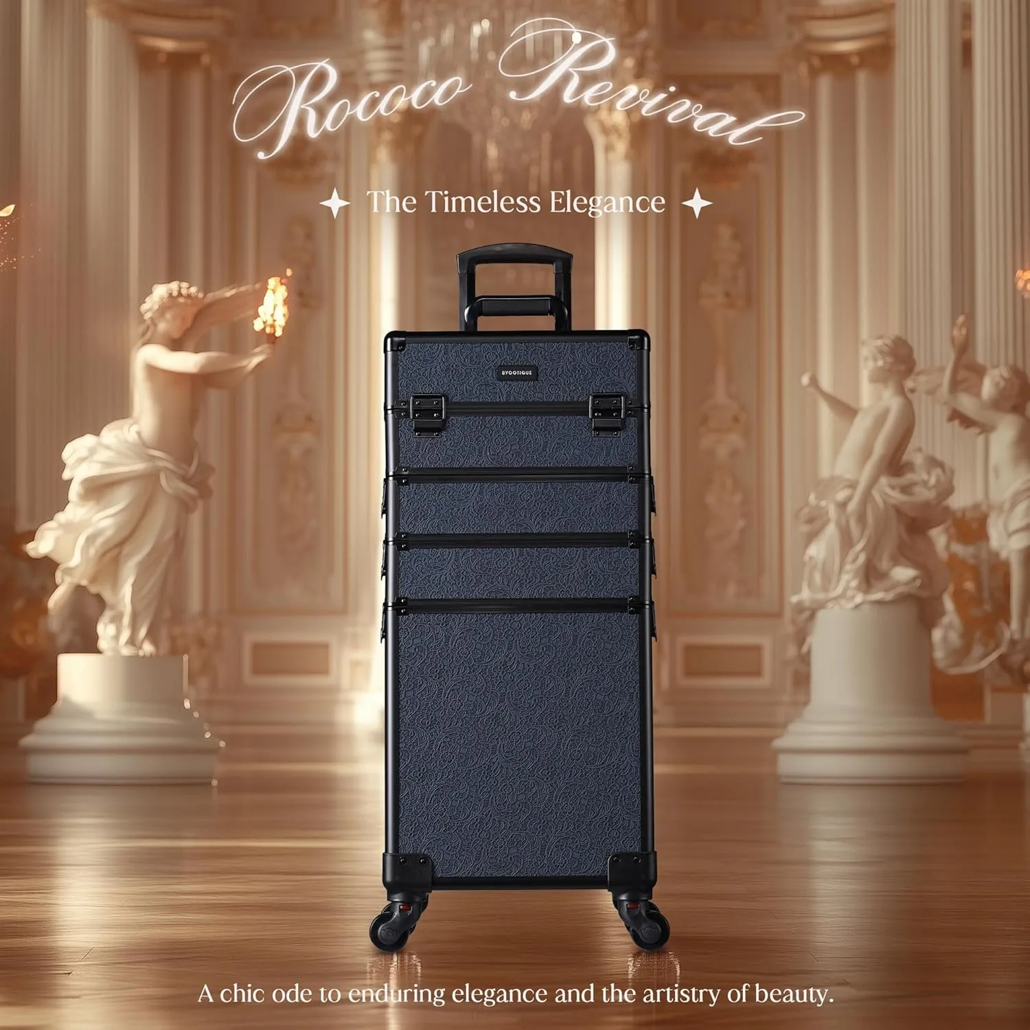 BYOOTIQUE Rolling Makeup Train Case on Wheels 4in1 Cosmetology Profesional Travel Cosmetic Bag Lockable Organizer Box for Hairstylist Artist Nail Beauty Salon Barber,Rococo Midnight
